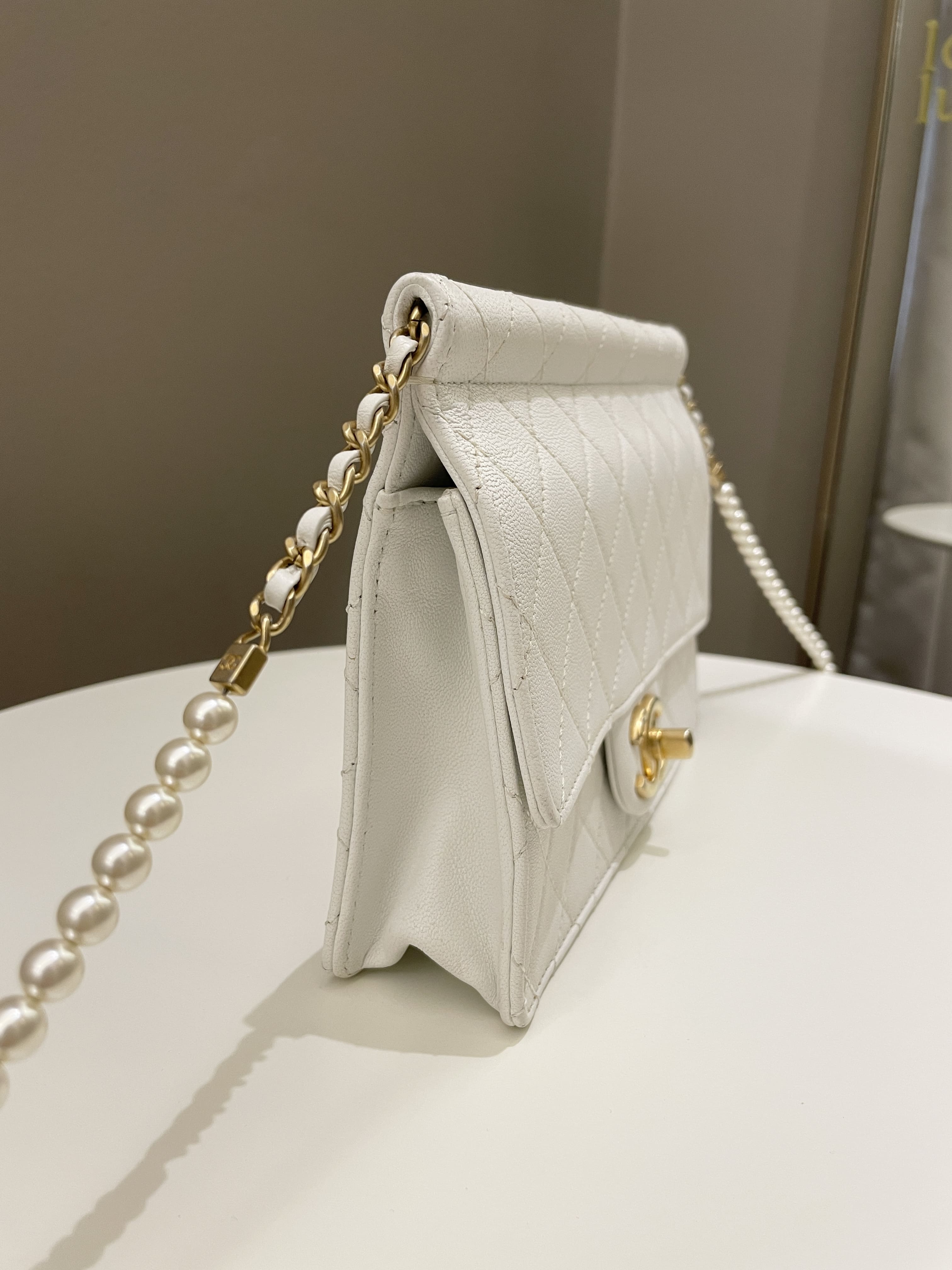 Chanel Pearl Chain Flap Bag White Stiff Lambskin