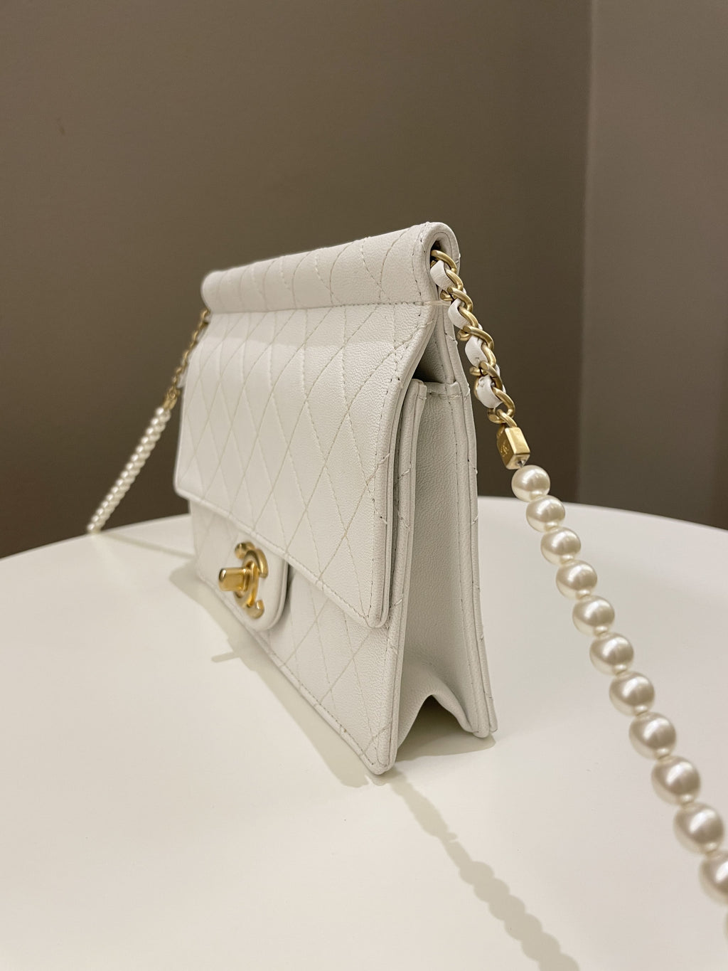 Chanel Pearl Chain Flap Bag White Stiff Lambskin