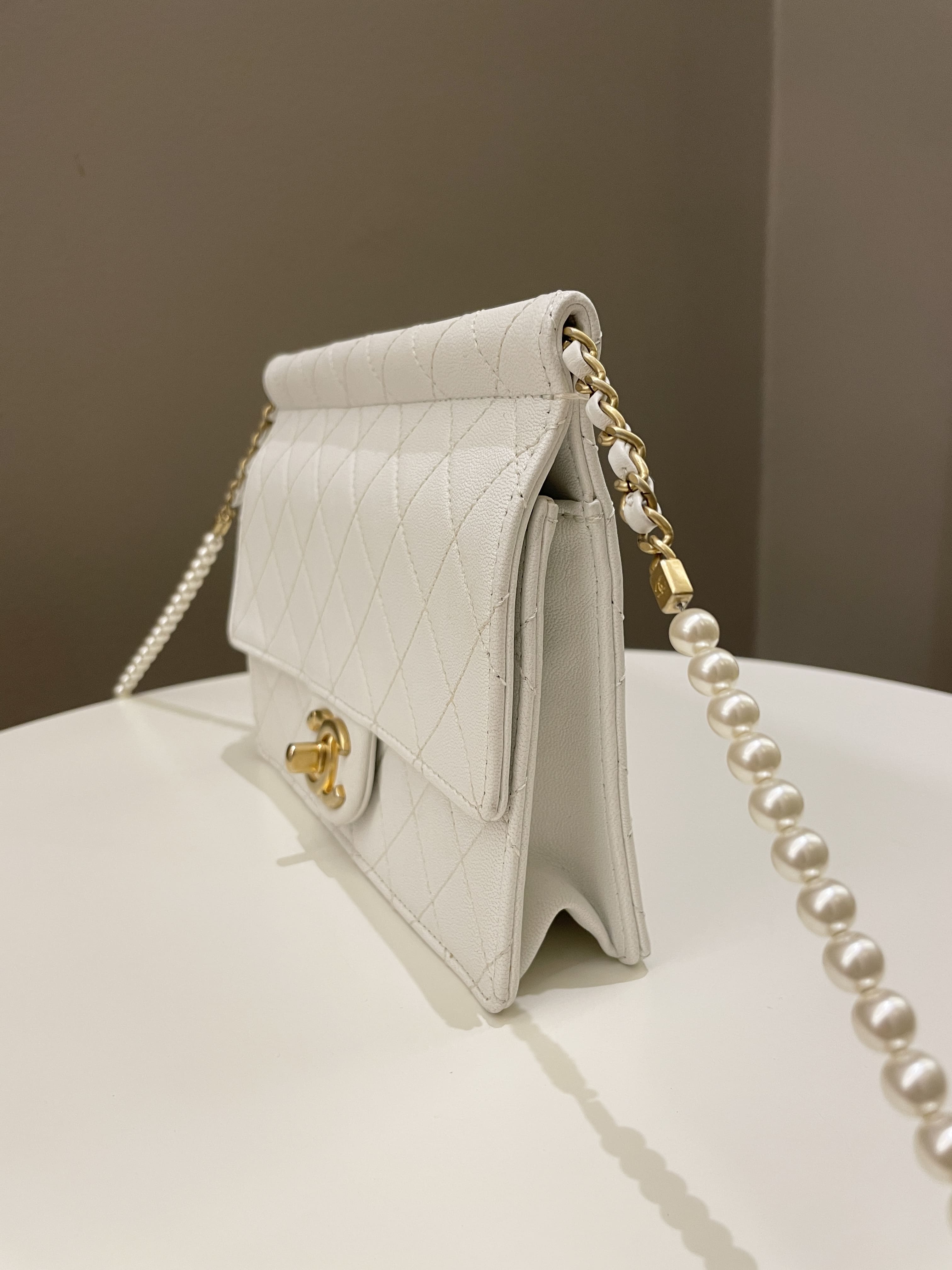 Chanel Pearl Chain Flap Bag White Stiff Lambskin