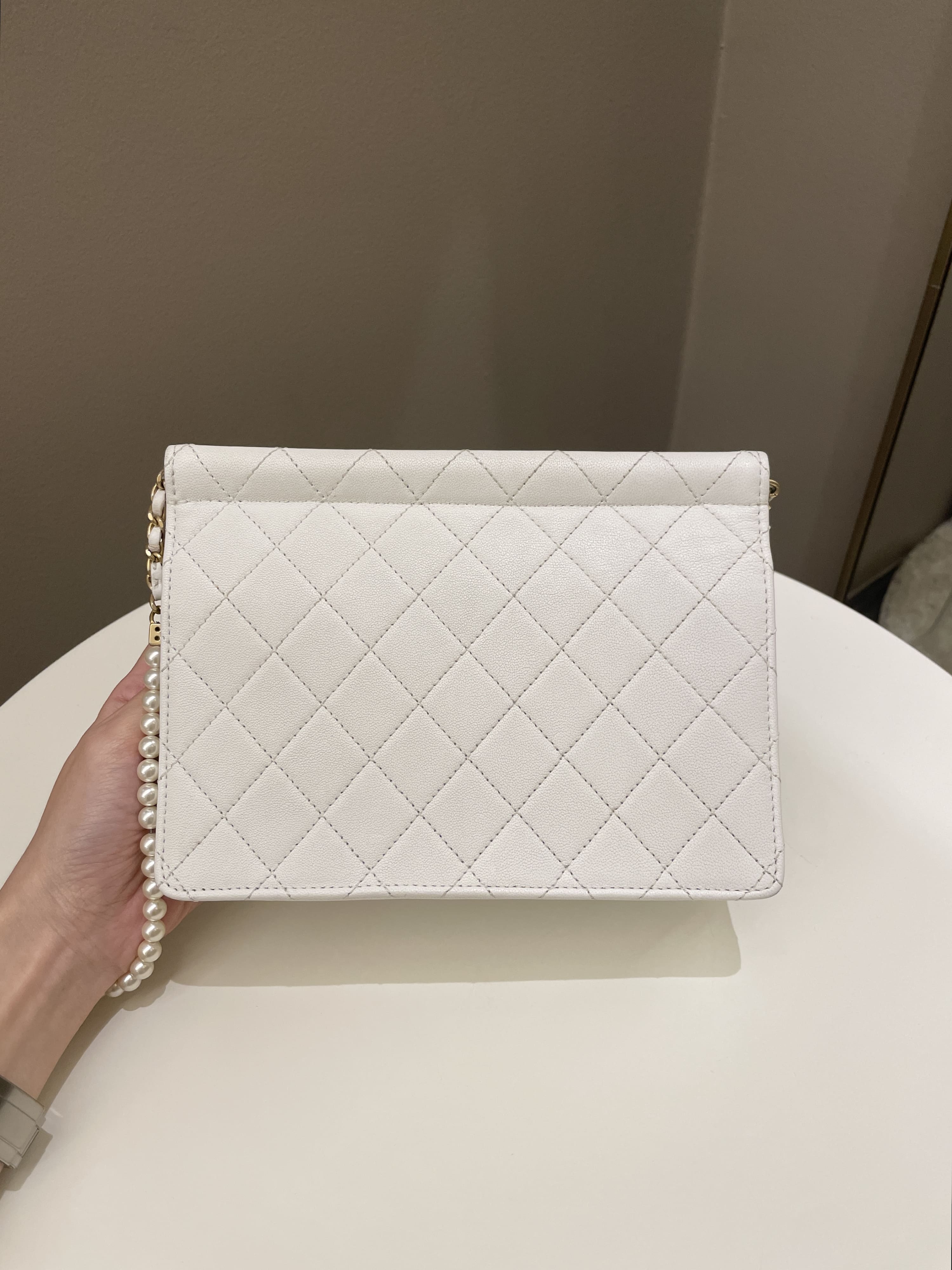 Chanel Pearl Chain Flap Bag White Stiff Lambskin