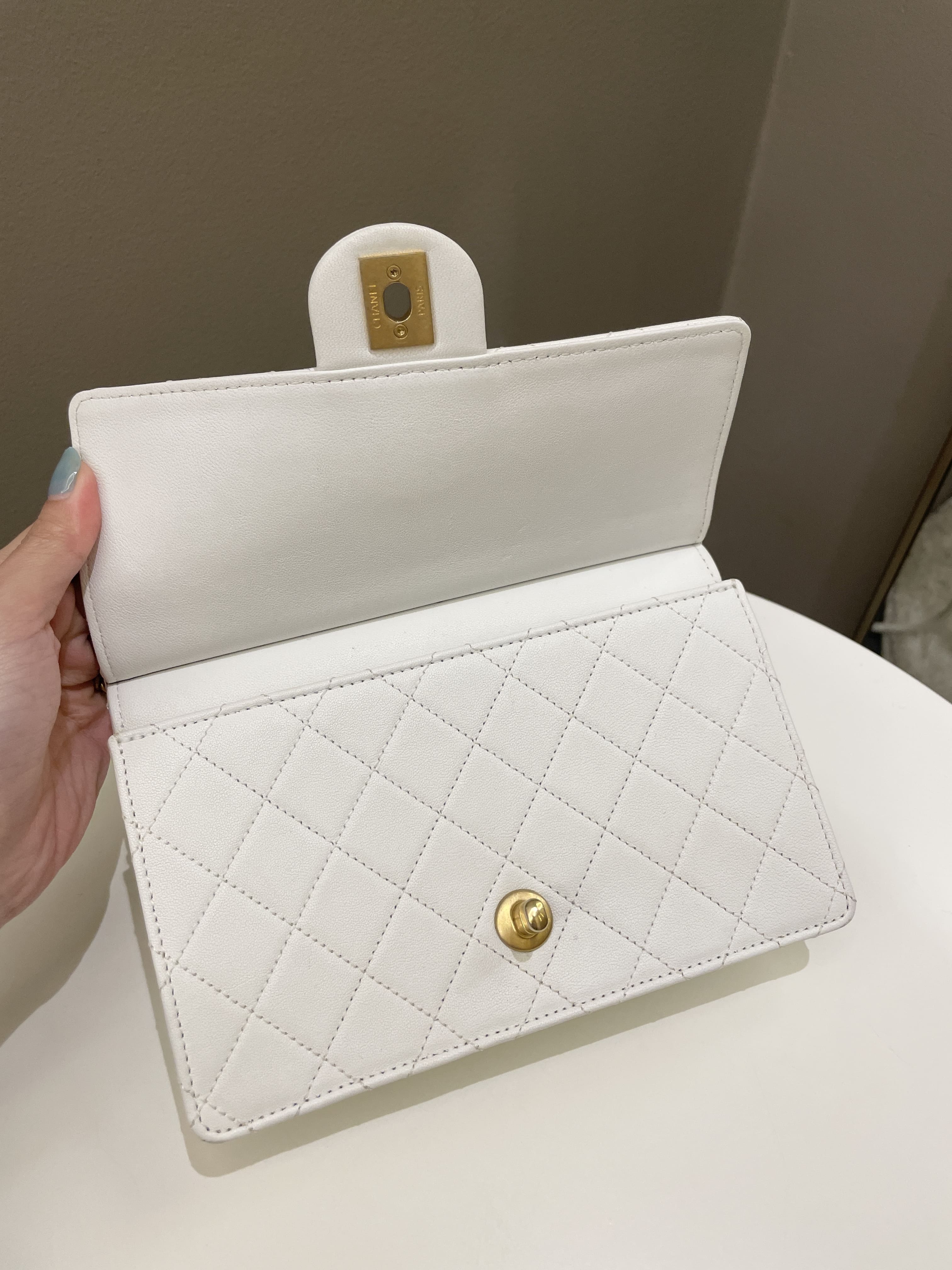 Chanel Pearl Chain Flap Bag White Stiff Lambskin