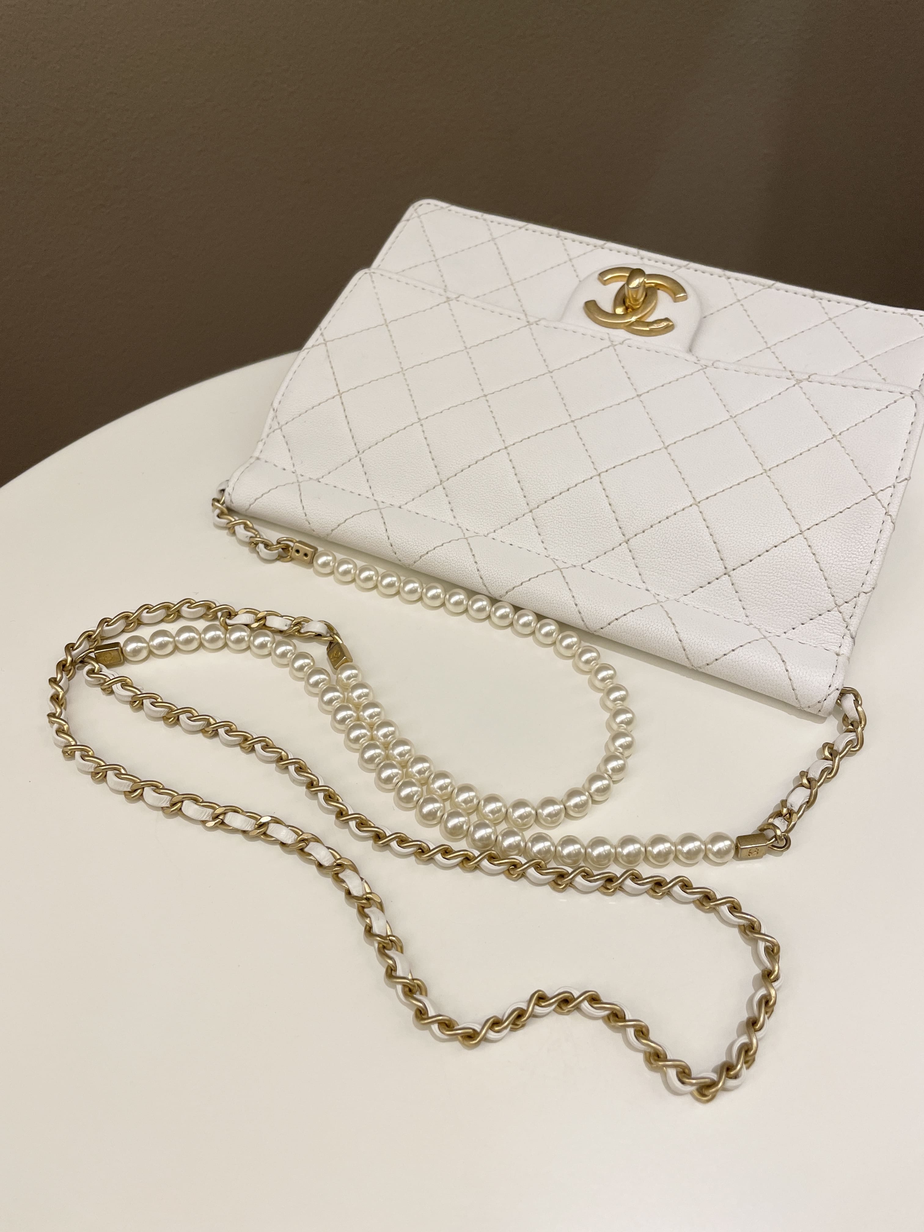 Chanel Pearl Chain Flap Bag White Stiff Lambskin