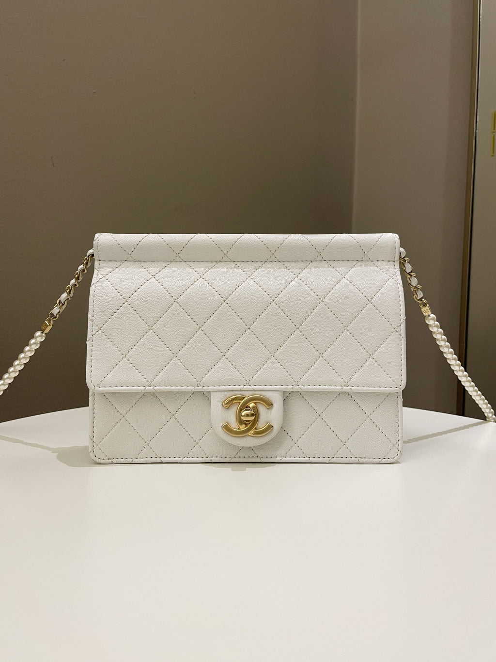 Chanel Pearl Chain Flap Bag White Stiff Lambskin