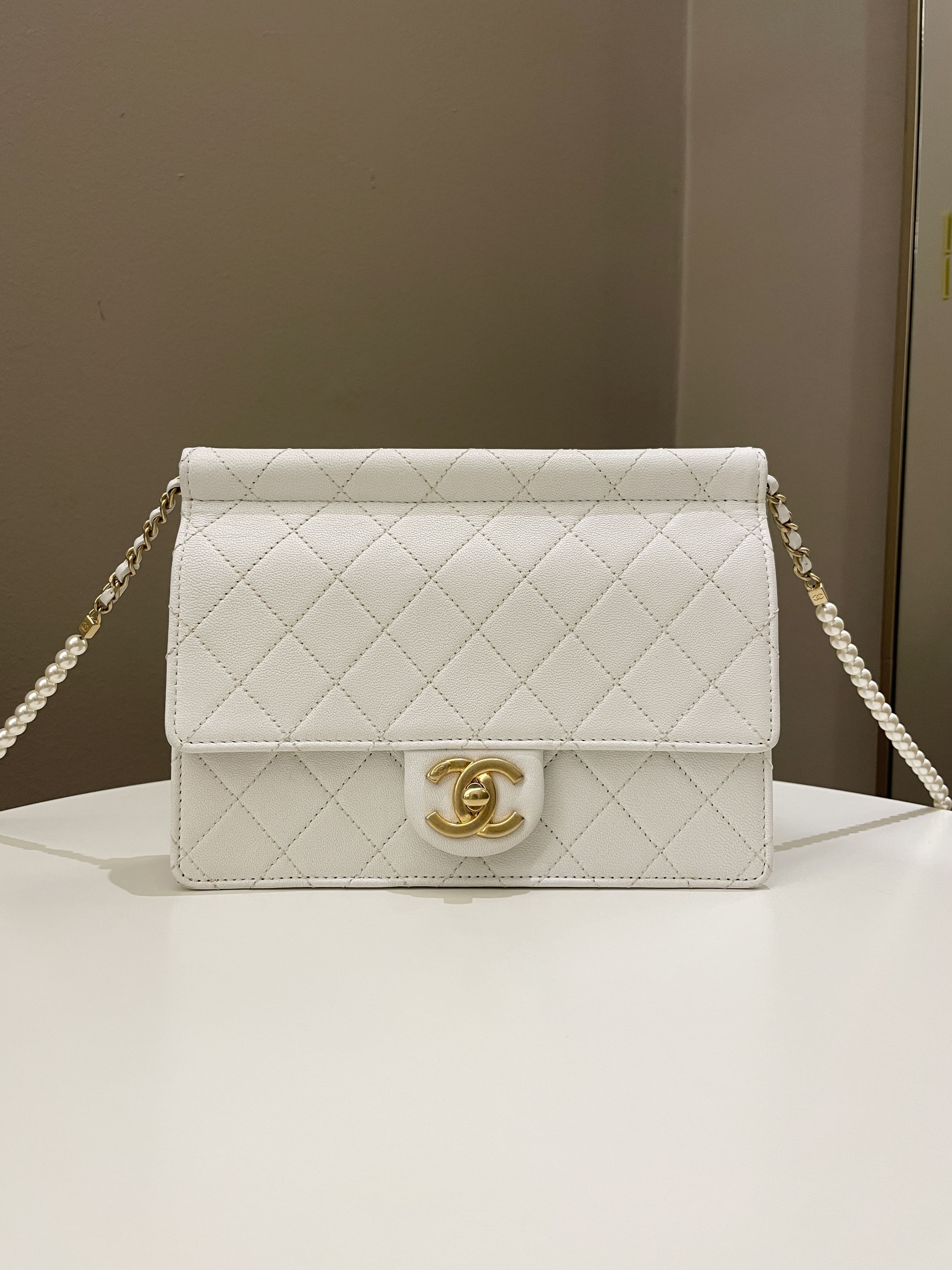 Chanel Pearl Chain Flap Bag White Stiff Lambskin