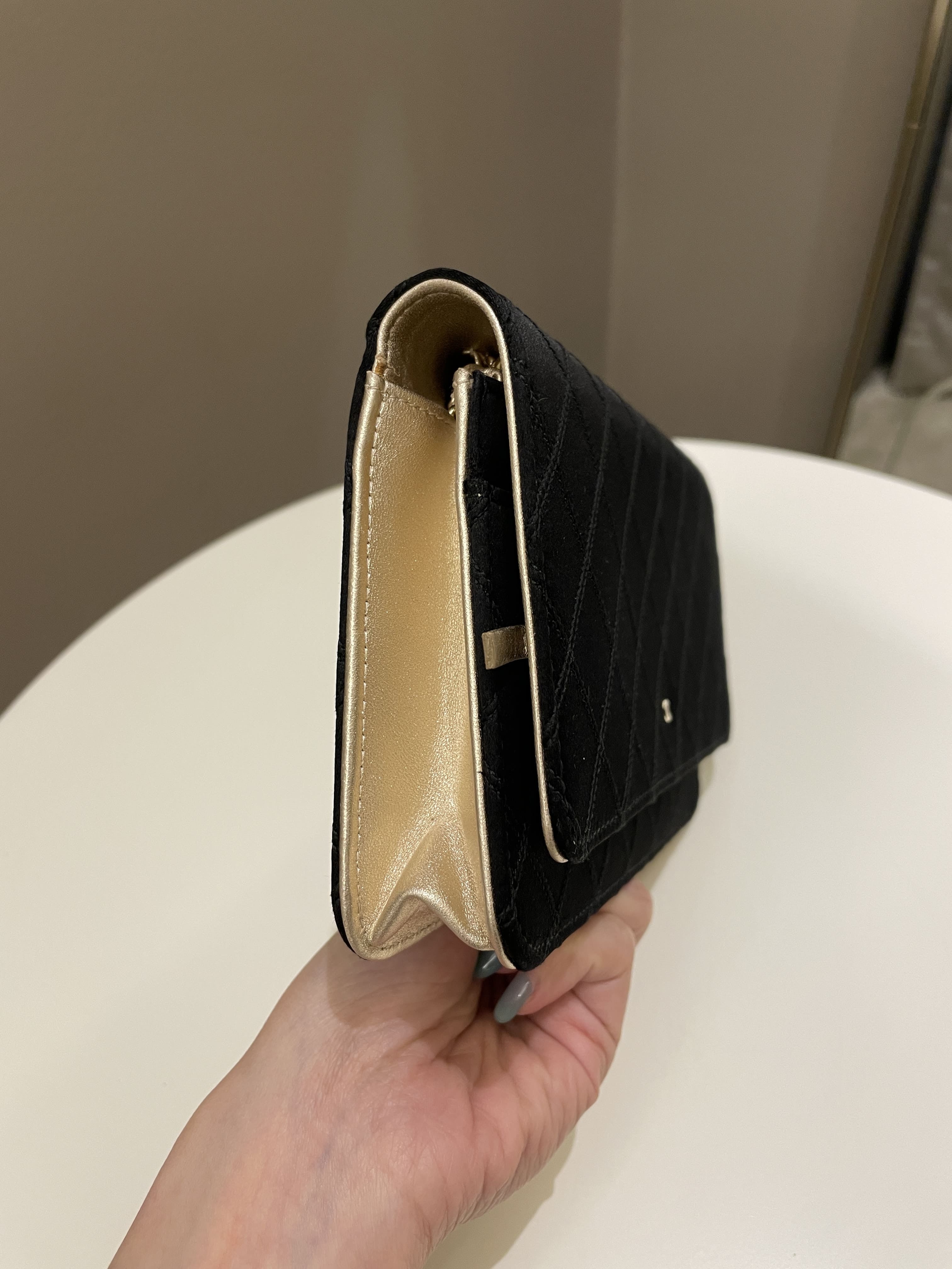 Chanel Quilted Wallet On Chain Black Satin / Gold Lambskin