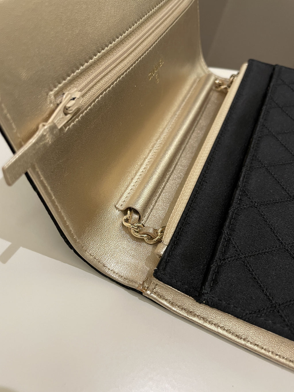 Chanel Quilted Wallet On Chain Black Satin / Gold Lambskin