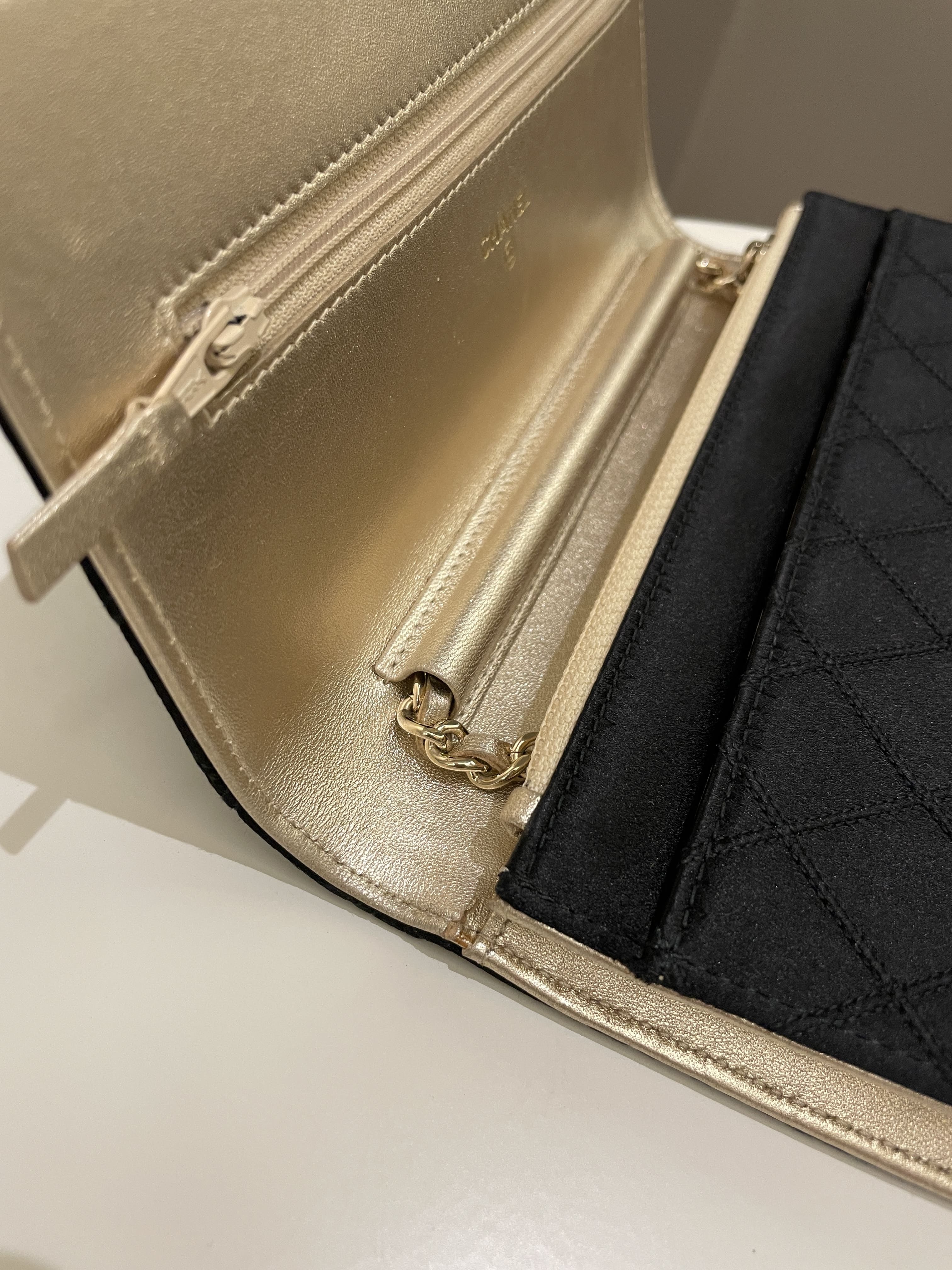 Chanel Quilted Wallet On Chain Black Satin / Gold Lambskin