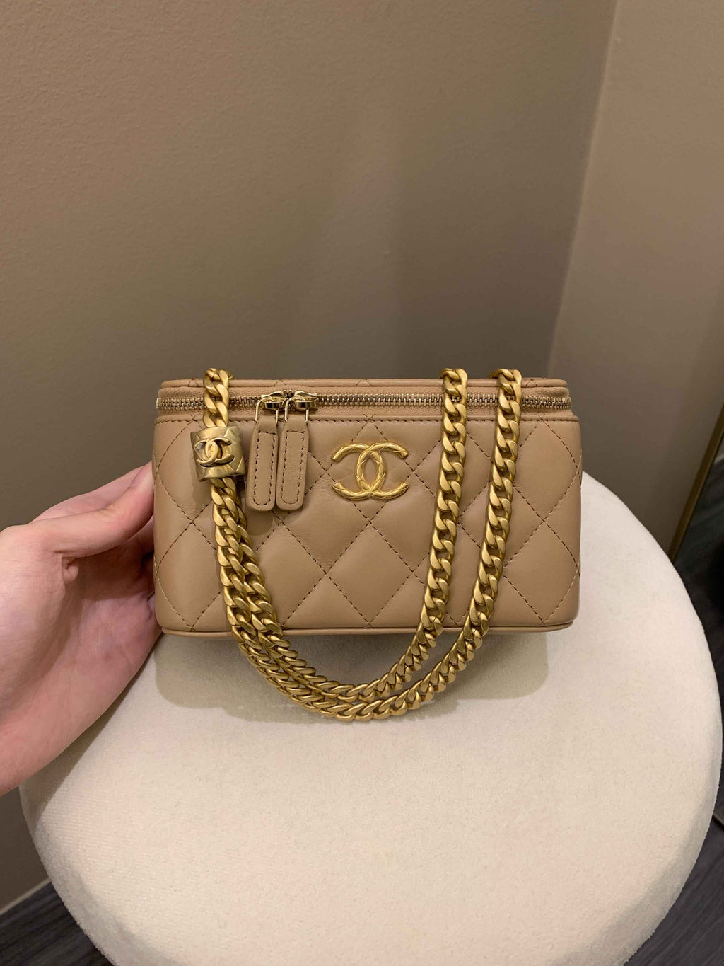 Chanel 22K Quilted Mini Crush Vanity Rectangular Dark Beige Lambskin