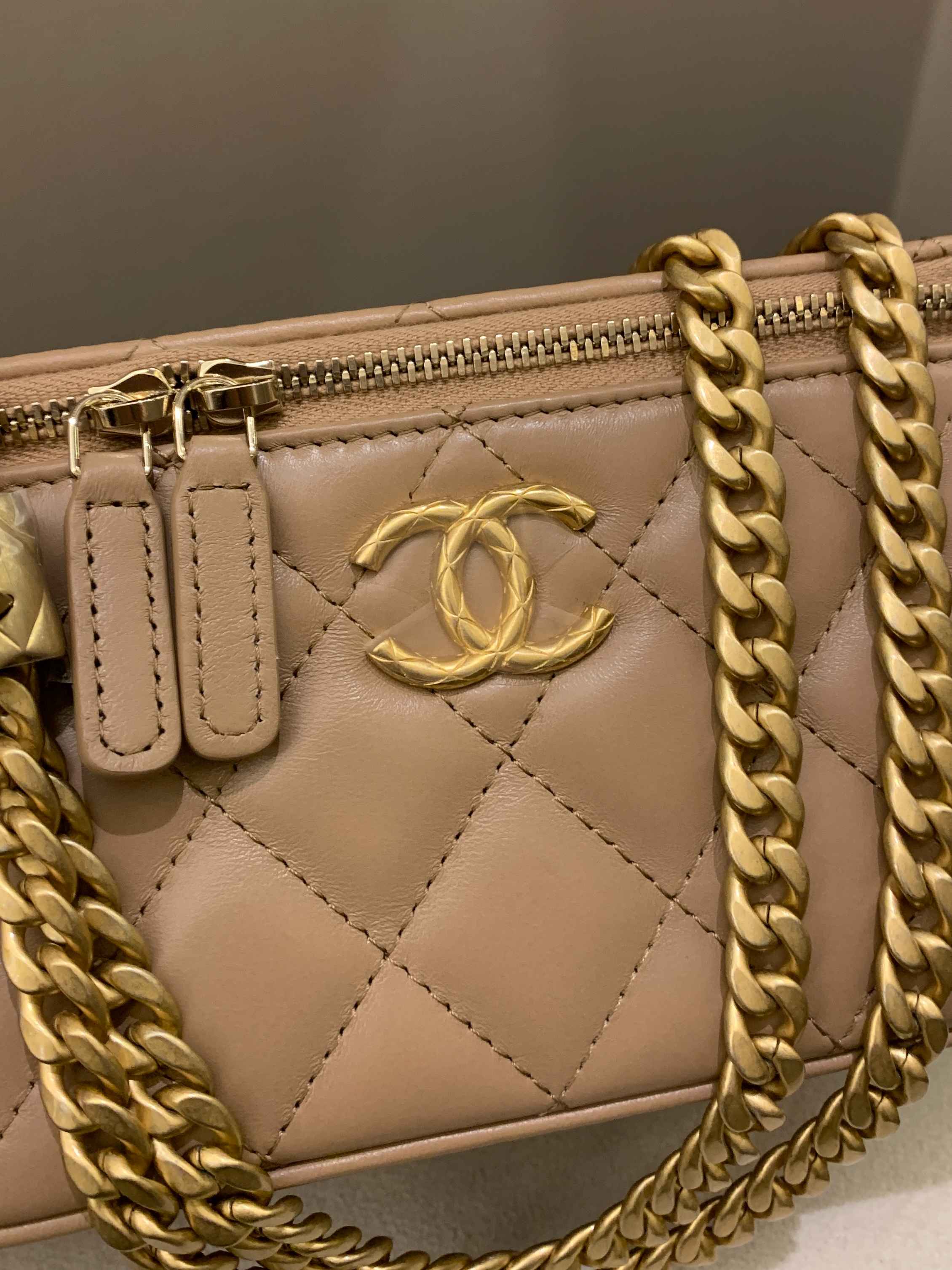 Chanel 22K Quilted Mini Crush Vanity Rectangular Dark Beige Lambskin