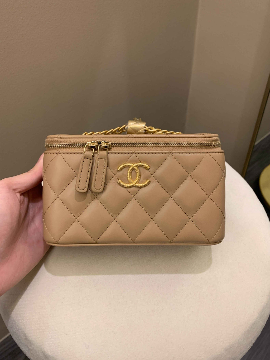 Chanel 22K Quilted Mini Crush Vanity Rectangular Dark Beige Lambskin