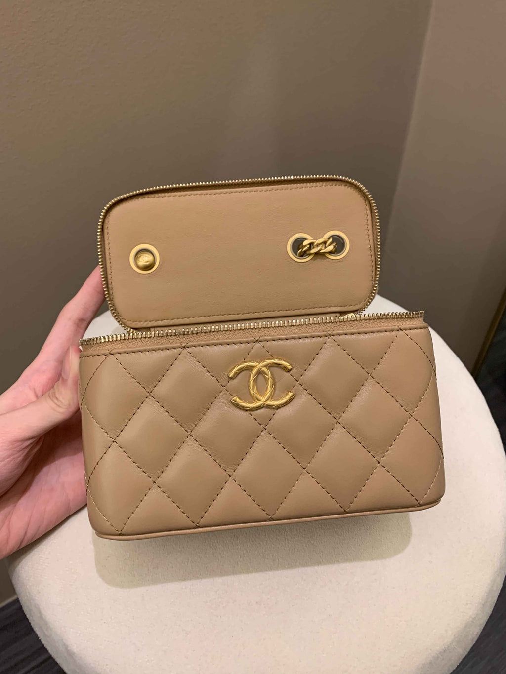 Chanel 22K Quilted Mini Crush Vanity Rectangular Dark Beige Lambskin