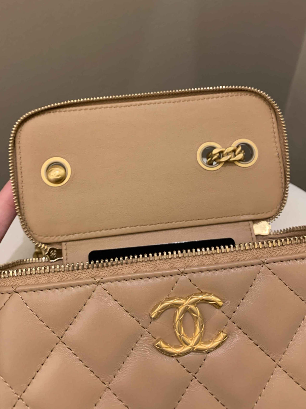 Chanel 22K Quilted Mini Crush Vanity Rectangular Dark Beige Lambskin