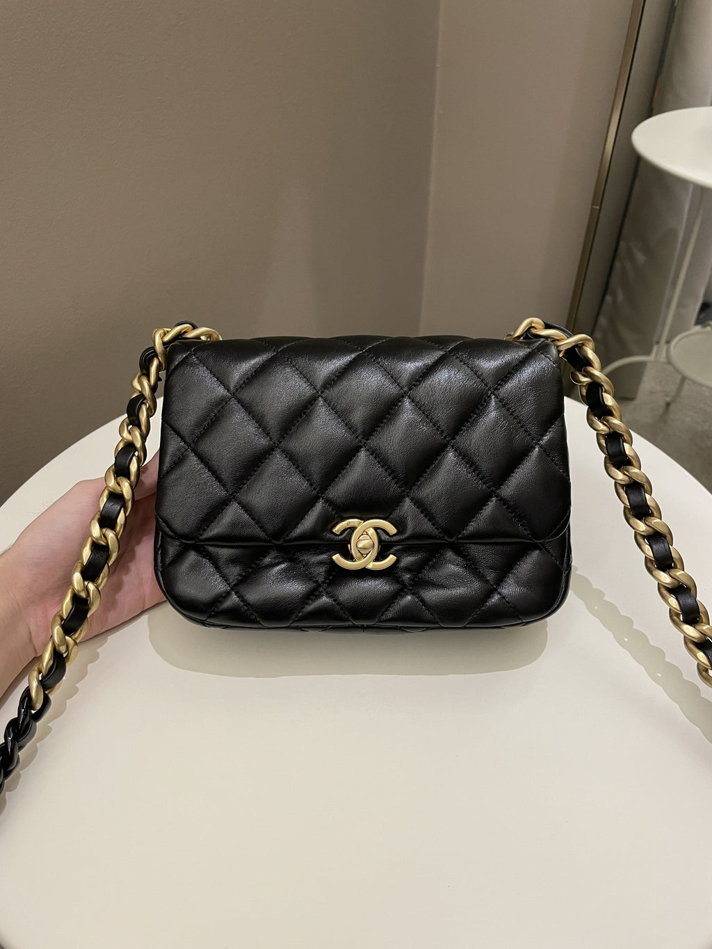 Chanel 22S Quilted Lacquered Chain Flap Bag Black Lambskin