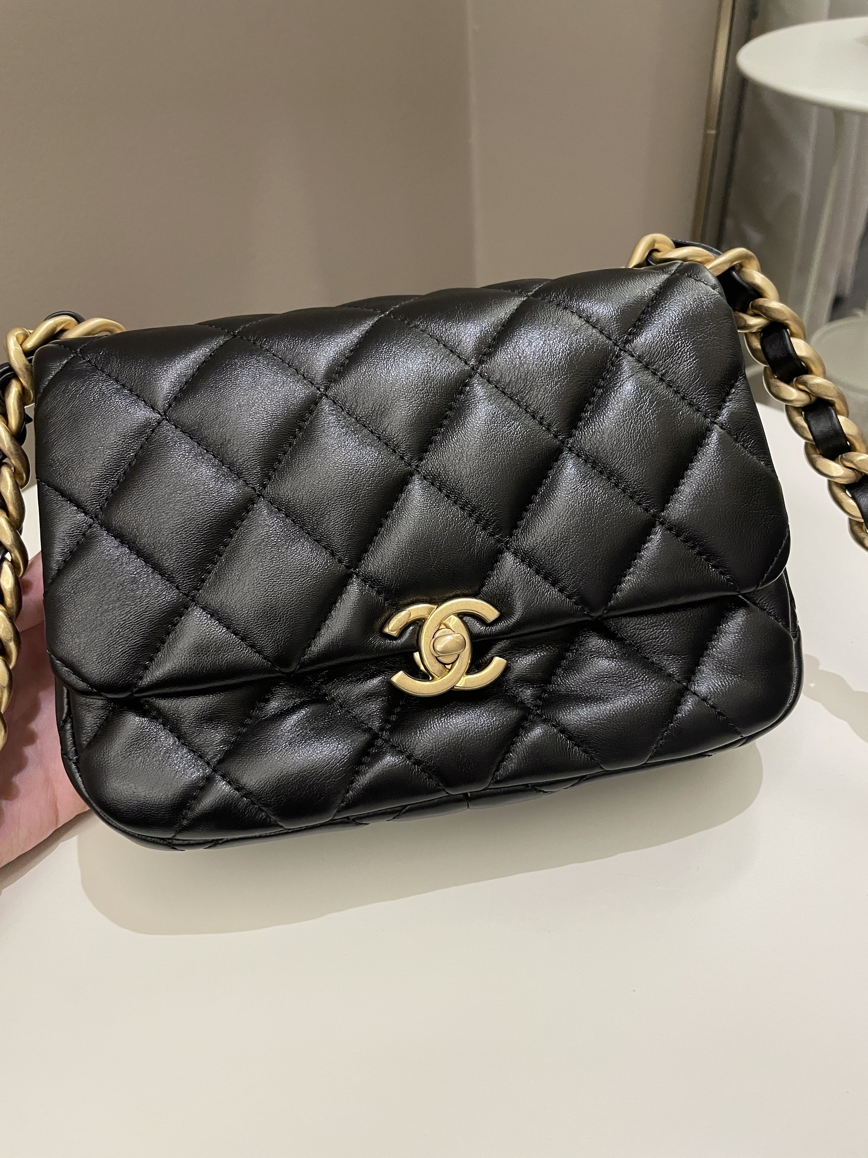 Chanel 22S Quilted Lacquered Chain Flap Bag Black Lambskin