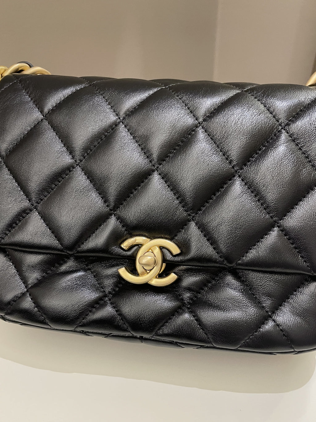 Chanel 22S Quilted Lacquered Chain Flap Bag Black Lambskin
