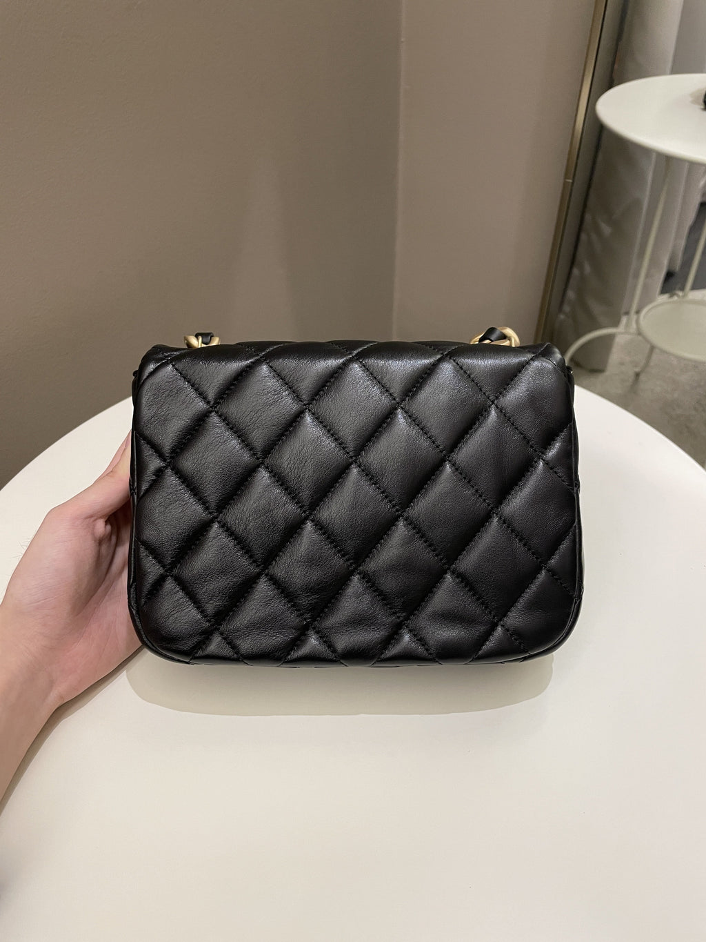 Chanel 22S Quilted Lacquered Chain Flap Bag Black Lambskin