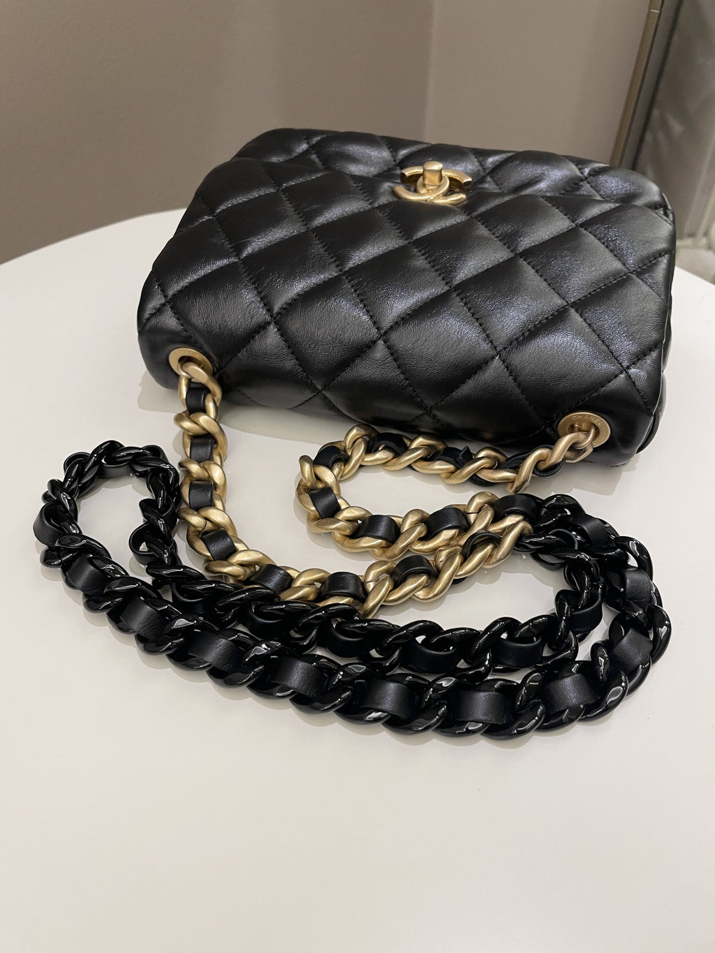 Chanel 22S Quilted Lacquered Chain Flap Bag Black Lambskin