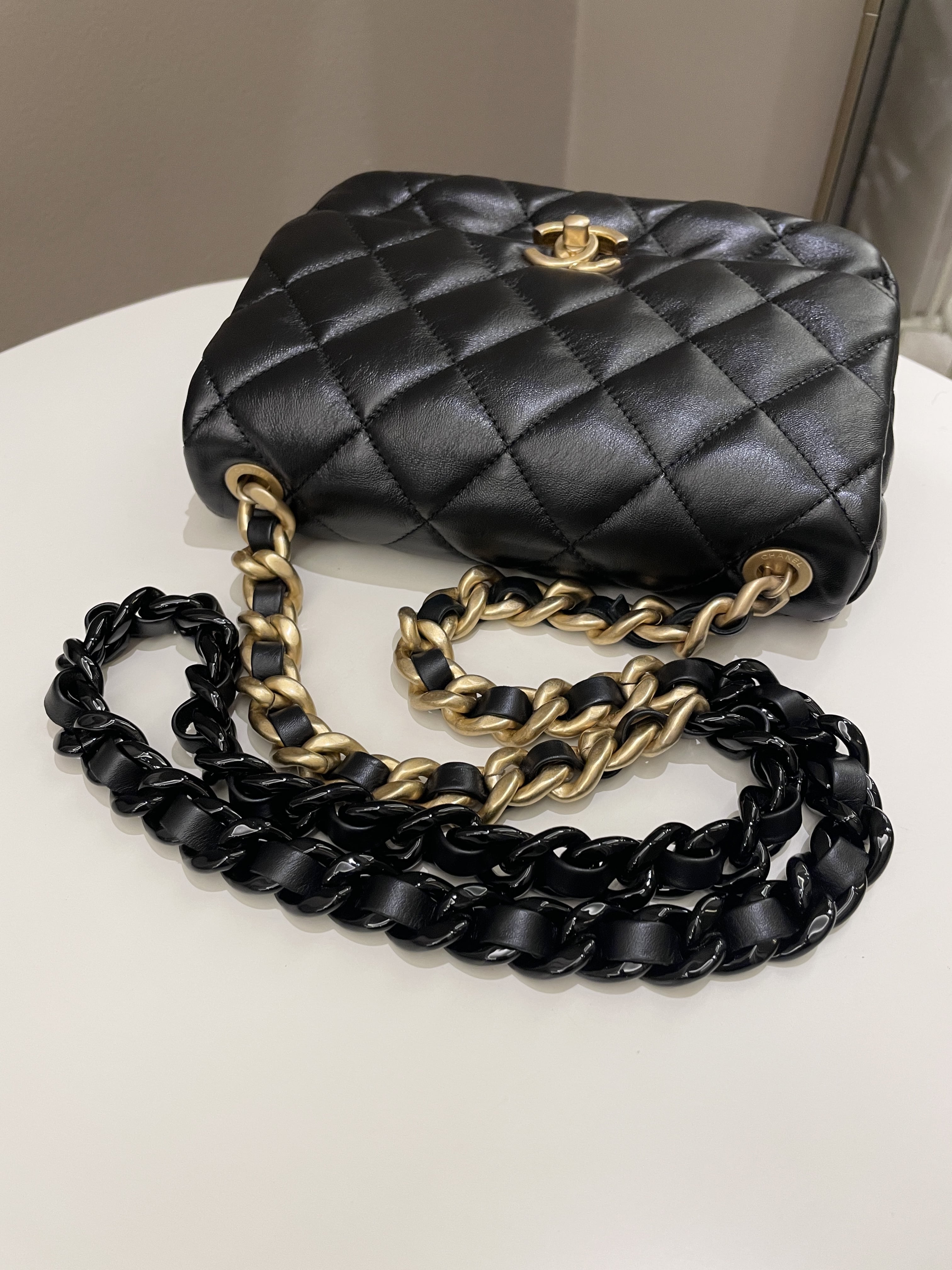 Chanel 22S Quilted Lacquered Chain Flap Bag Black Lambskin