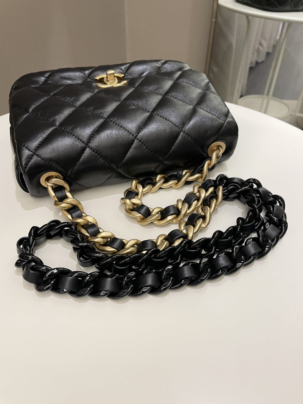 Chanel 22S Quilted Lacquered Chain Flap Bag Black Lambskin
