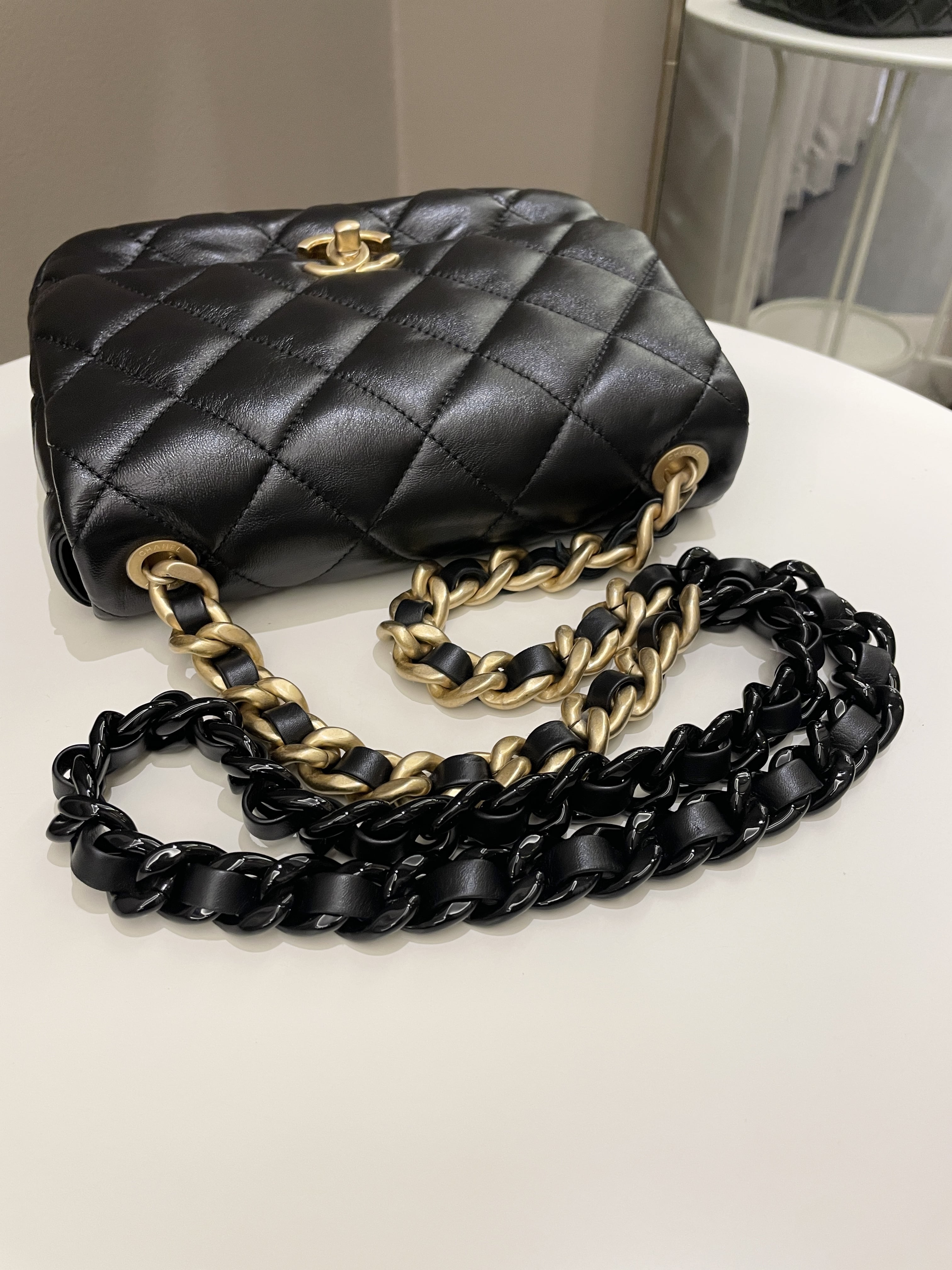 Chanel 22S Quilted Lacquered Chain Flap Bag Black Lambskin