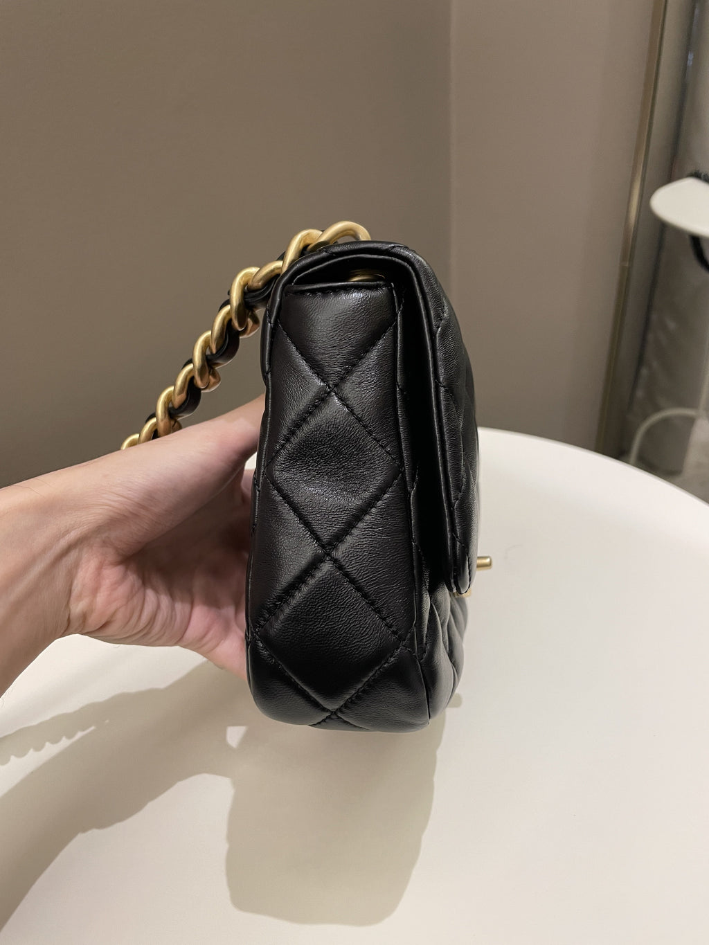 Chanel 22S Quilted Lacquered Chain Flap Bag Black Lambskin