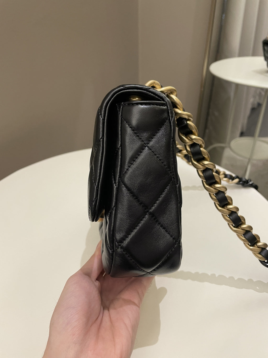 Chanel 22S Quilted Lacquered Chain Flap Bag Black Lambskin