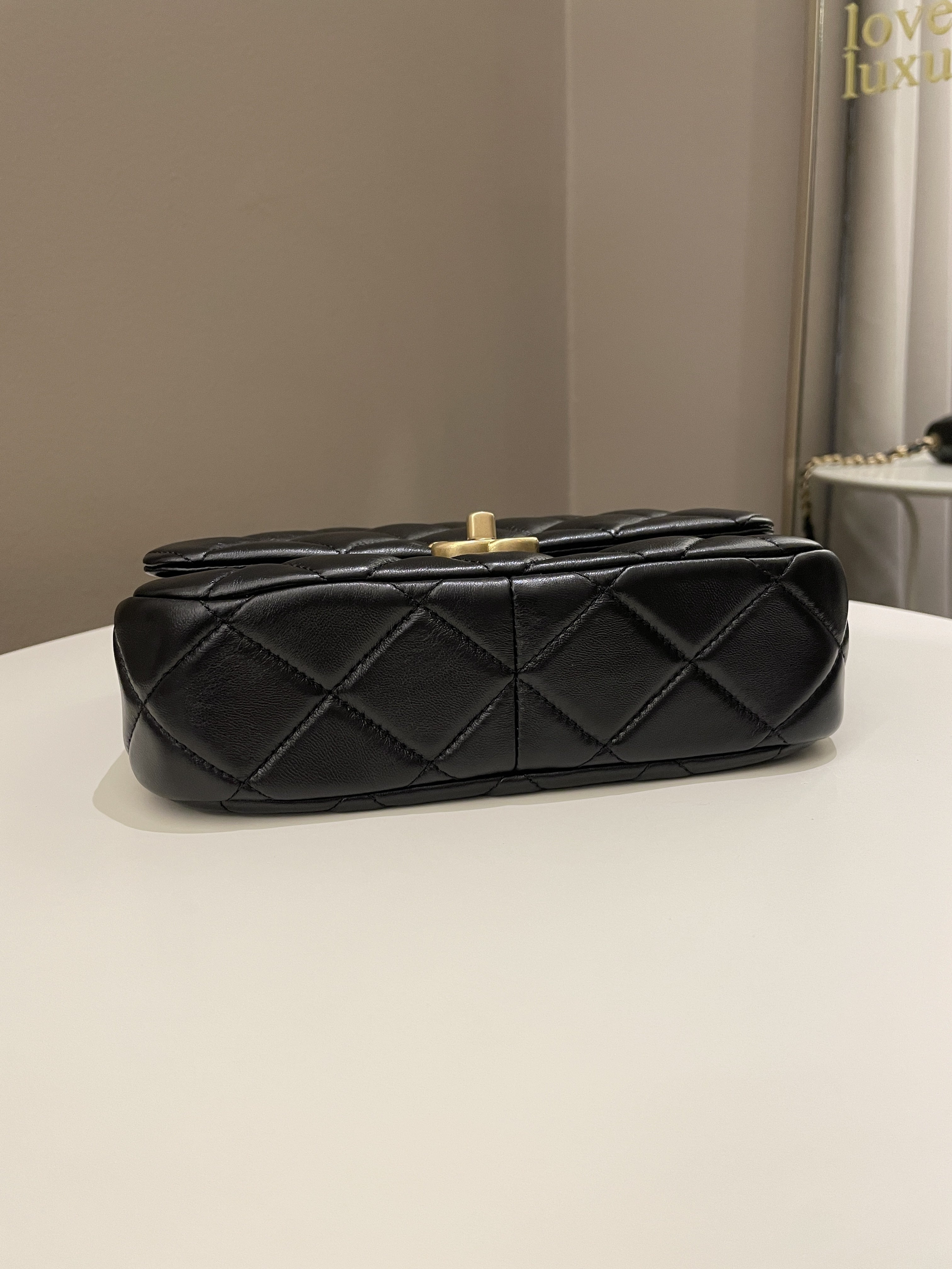 Chanel 22S Quilted Lacquered Chain Flap Bag Black Lambskin