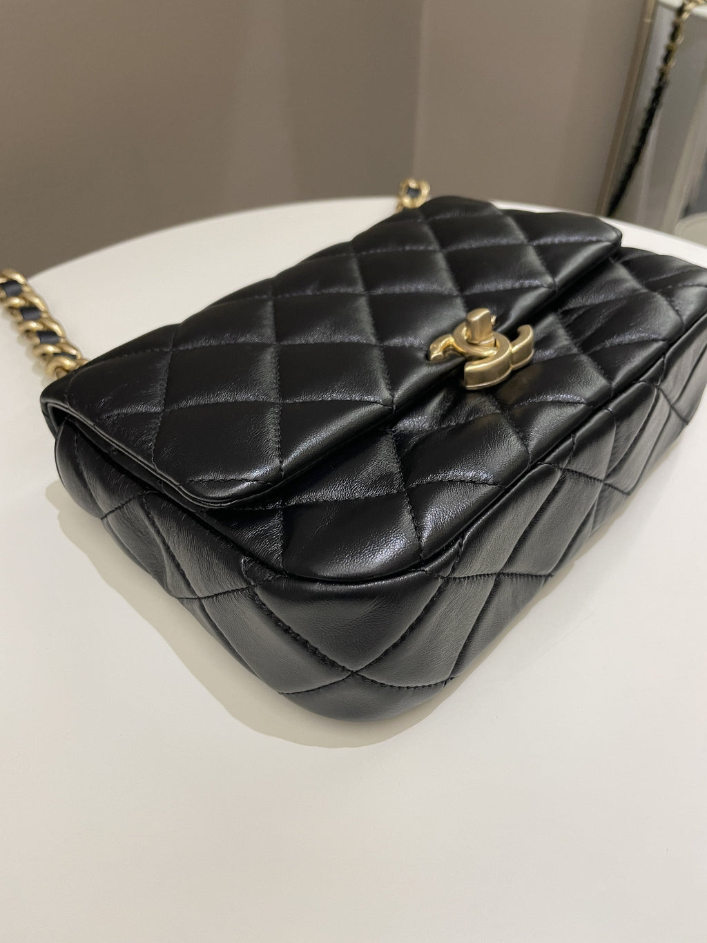 Chanel 22S Quilted Lacquered Chain Flap Bag Black Lambskin
