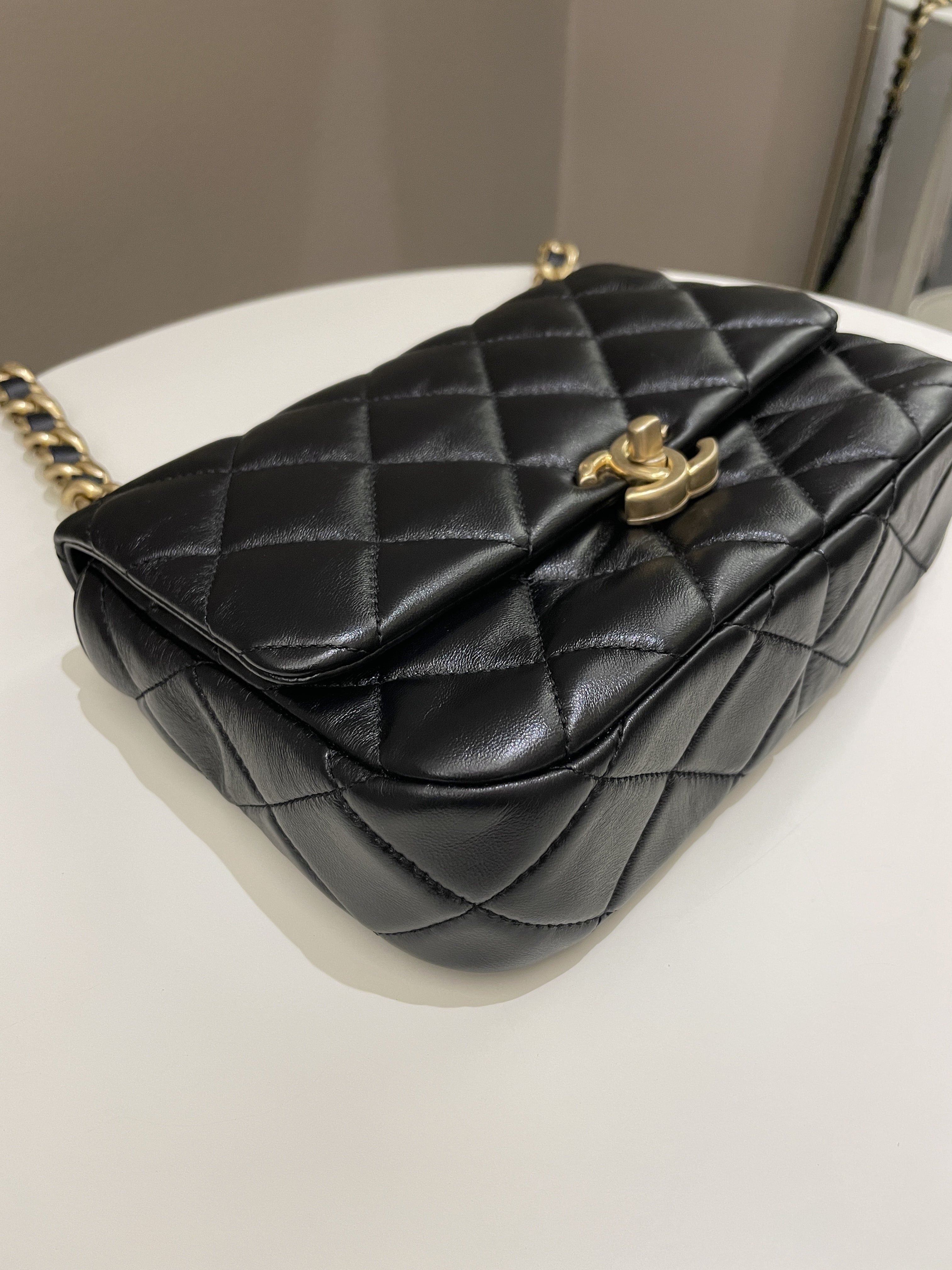 Chanel 22S Quilted Lacquered Chain Flap Bag Black Lambskin