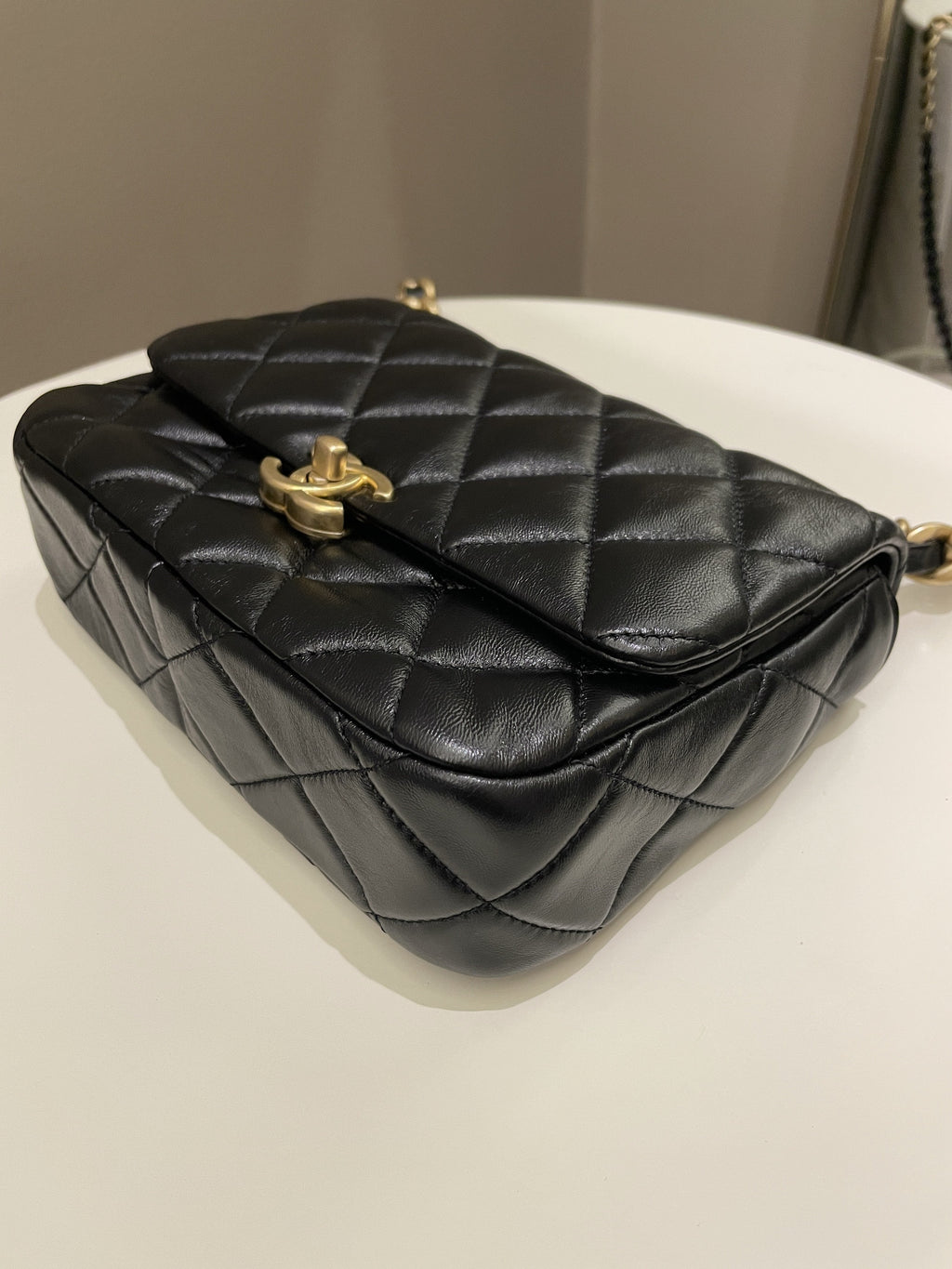 Chanel 22S Quilted Lacquered Chain Flap Bag Black Lambskin