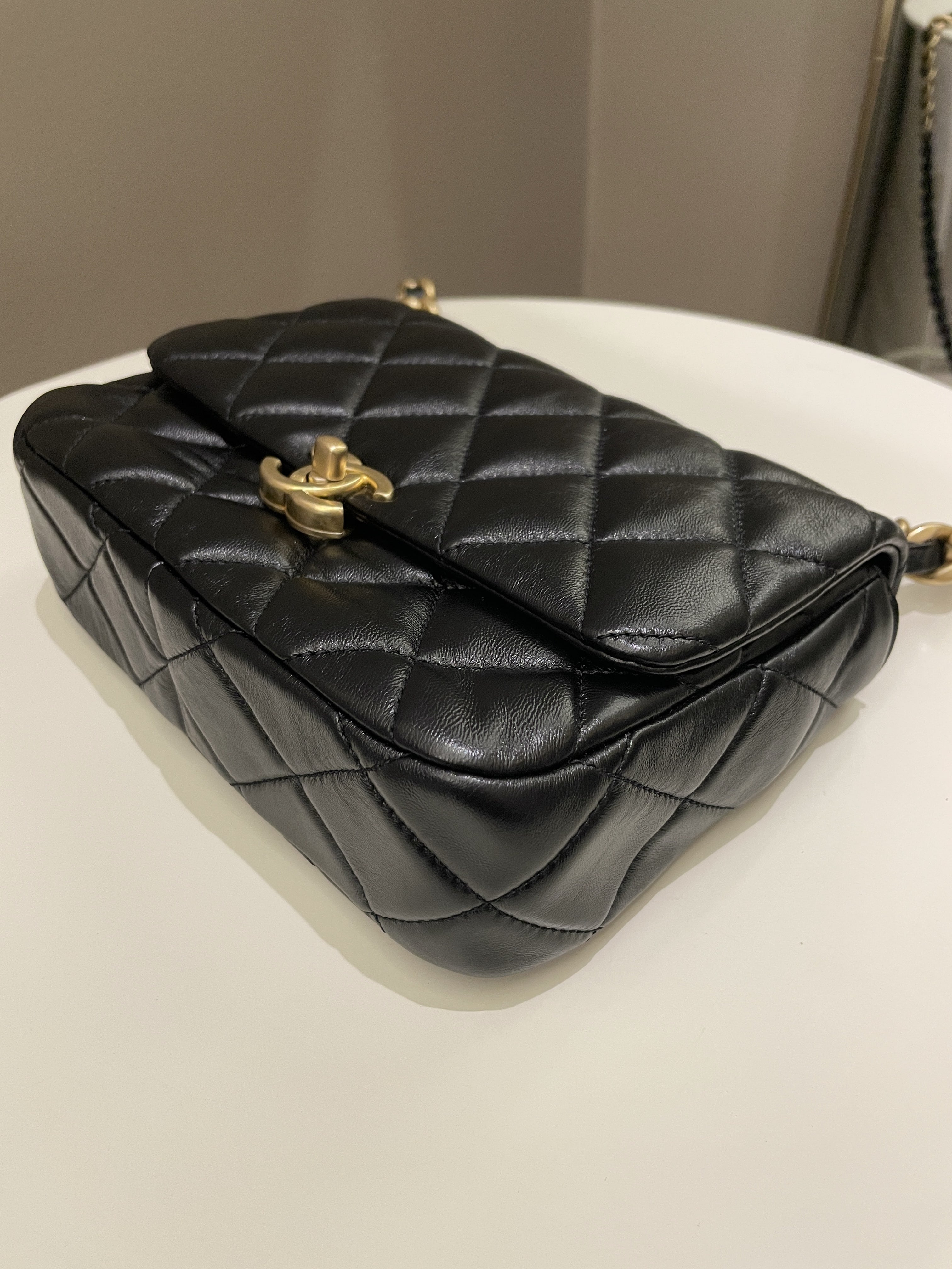 Chanel 22S Quilted Lacquered Chain Flap Bag Black Lambskin