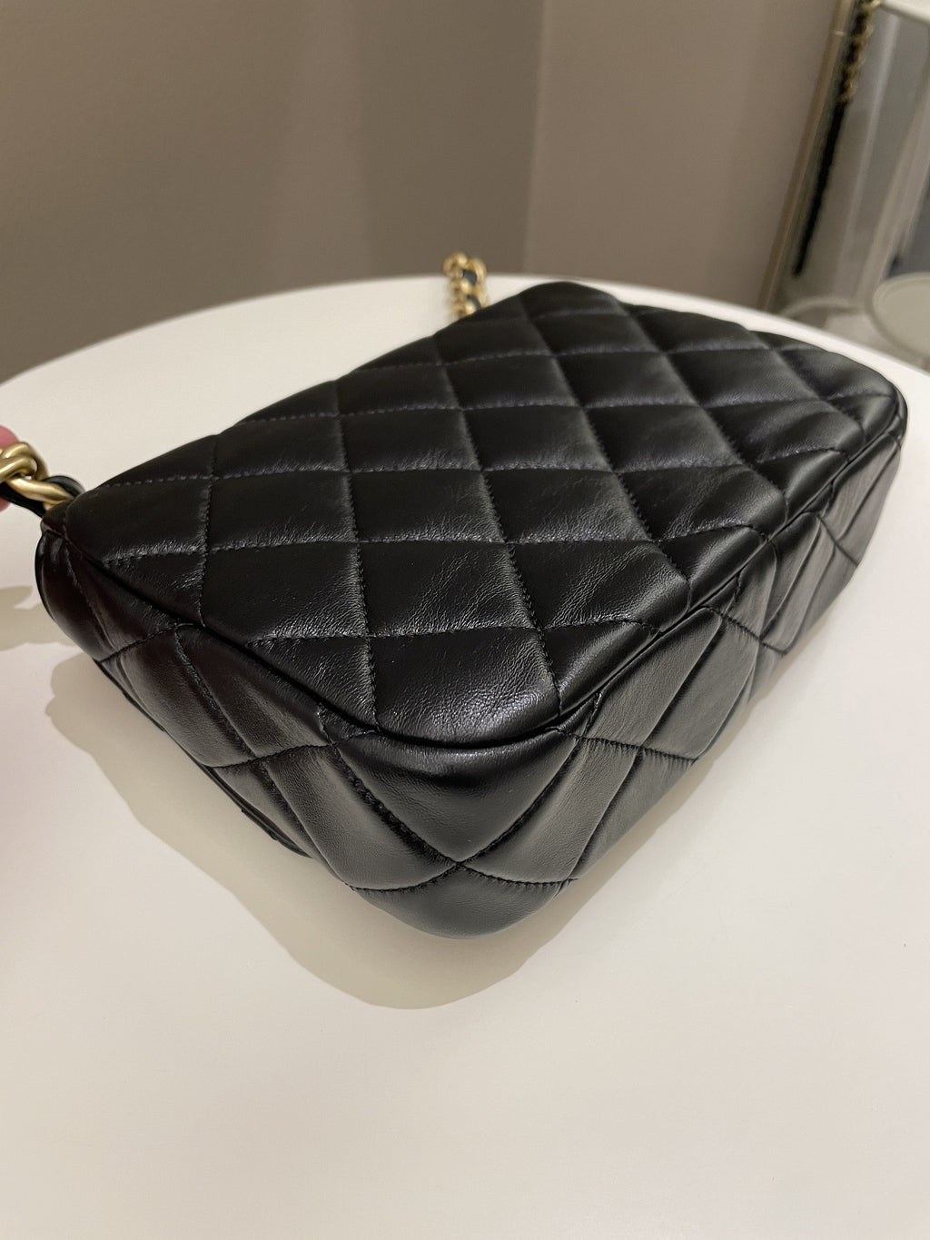 Chanel 22S Quilted Lacquered Chain Flap Bag Black Lambskin