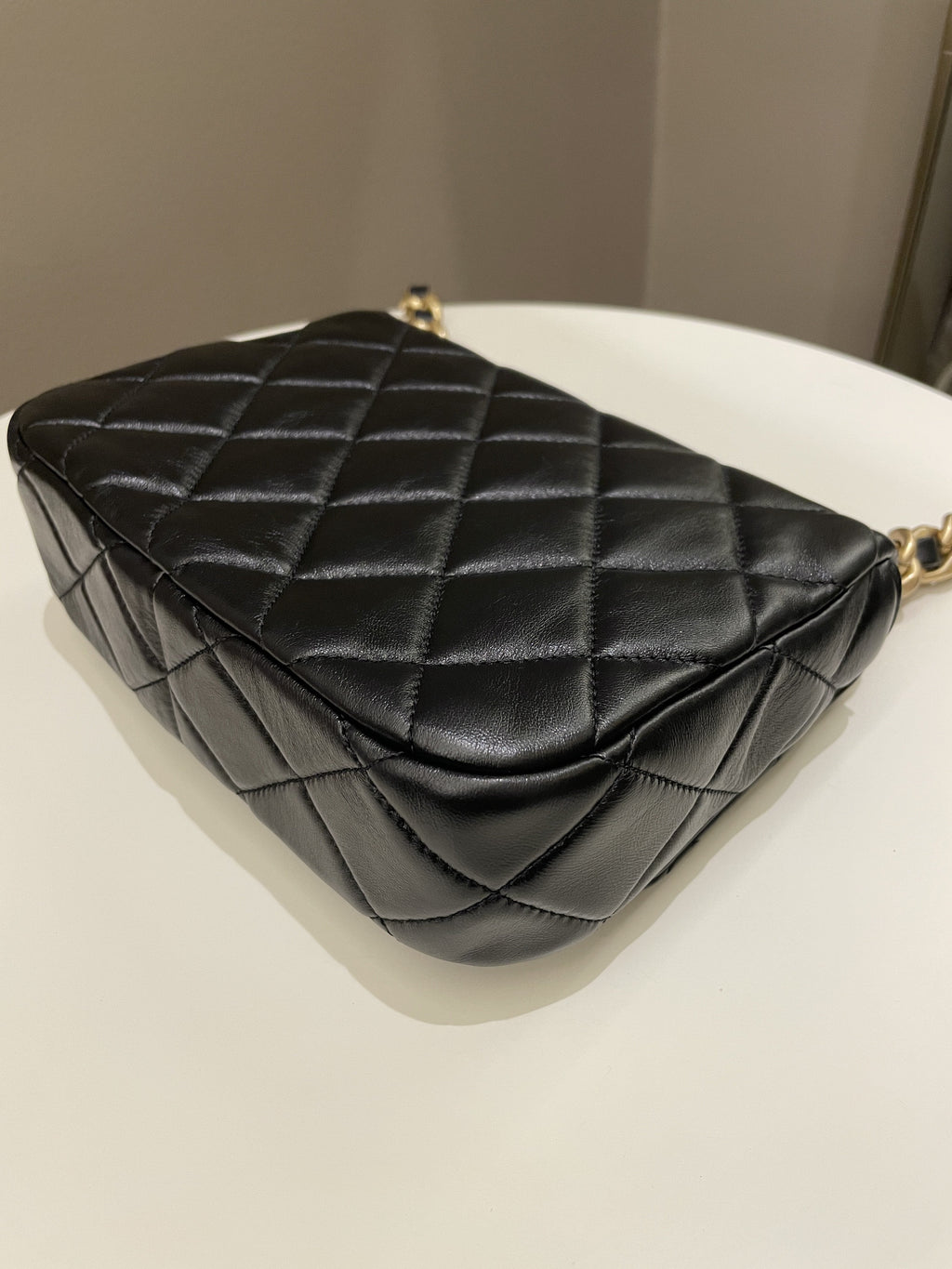 Chanel 22S Quilted Lacquered Chain Flap Bag Black Lambskin