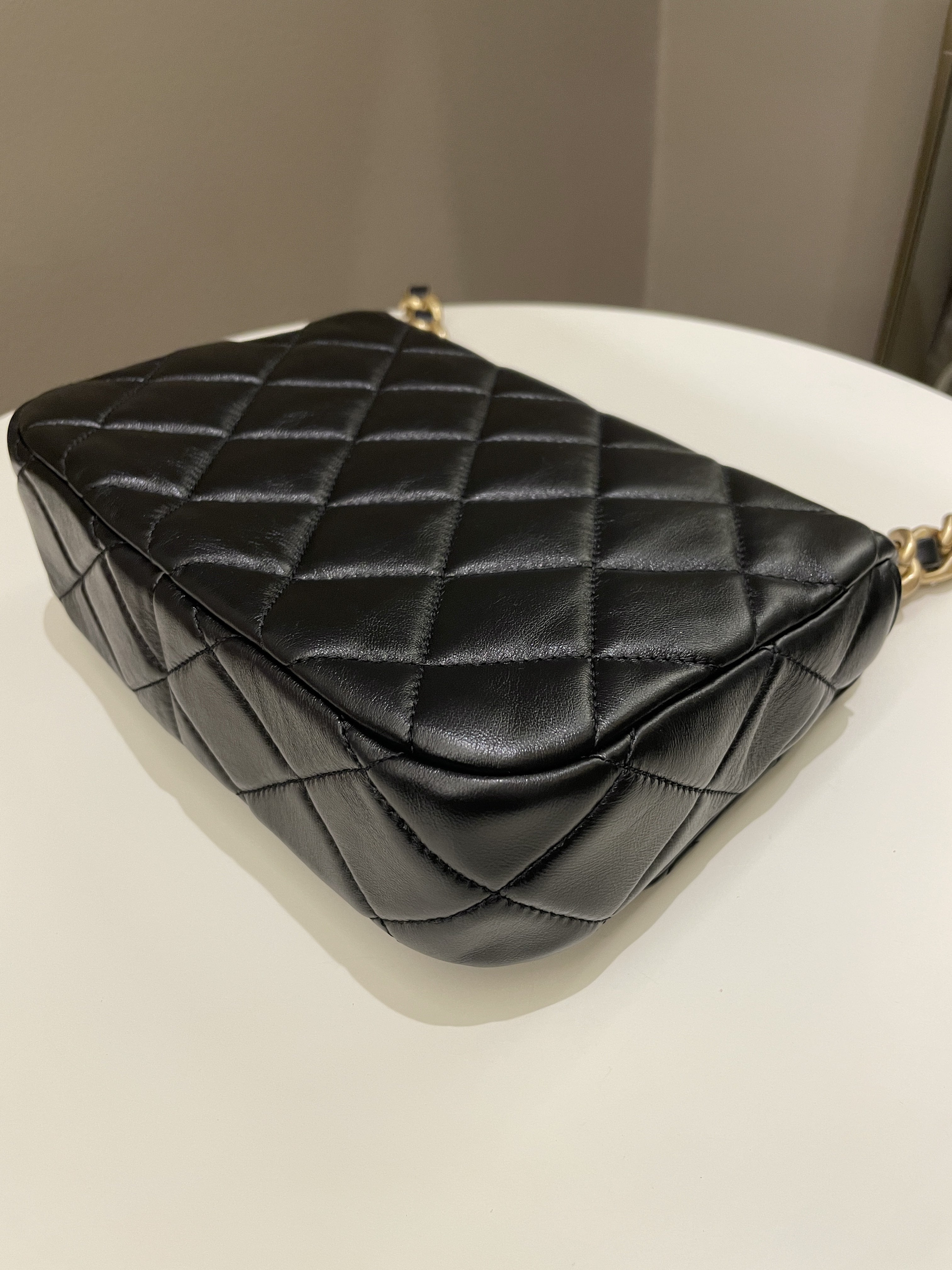Chanel 22S Quilted Lacquered Chain Flap Bag Black Lambskin