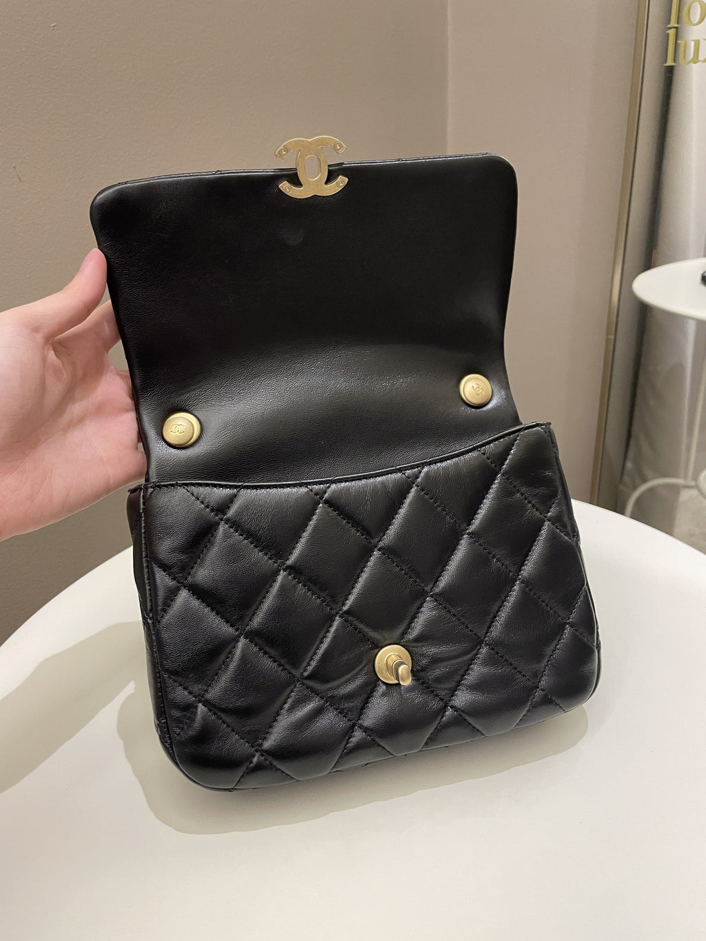Chanel 22S Quilted Lacquered Chain Flap Bag Black Lambskin