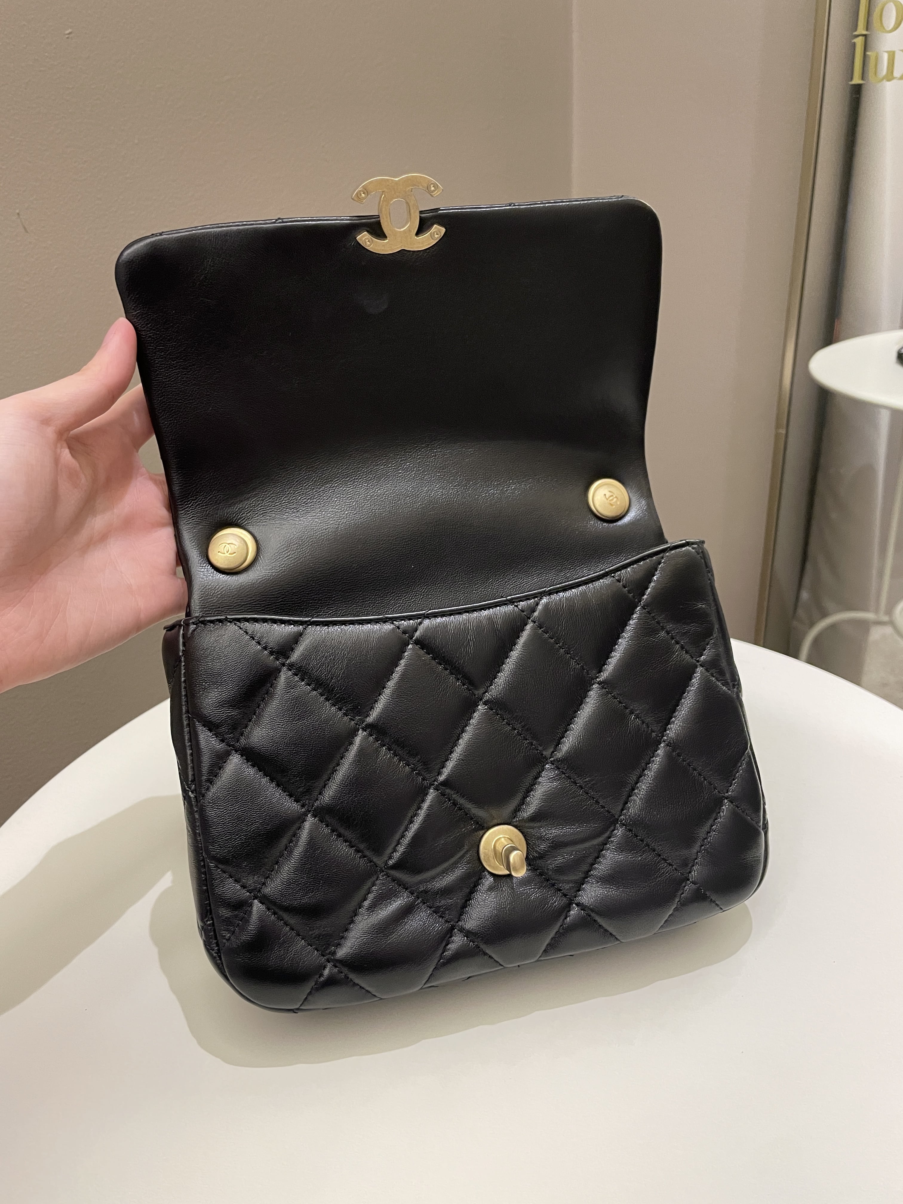 Chanel 22S Quilted Lacquered Chain Flap Bag Black Lambskin