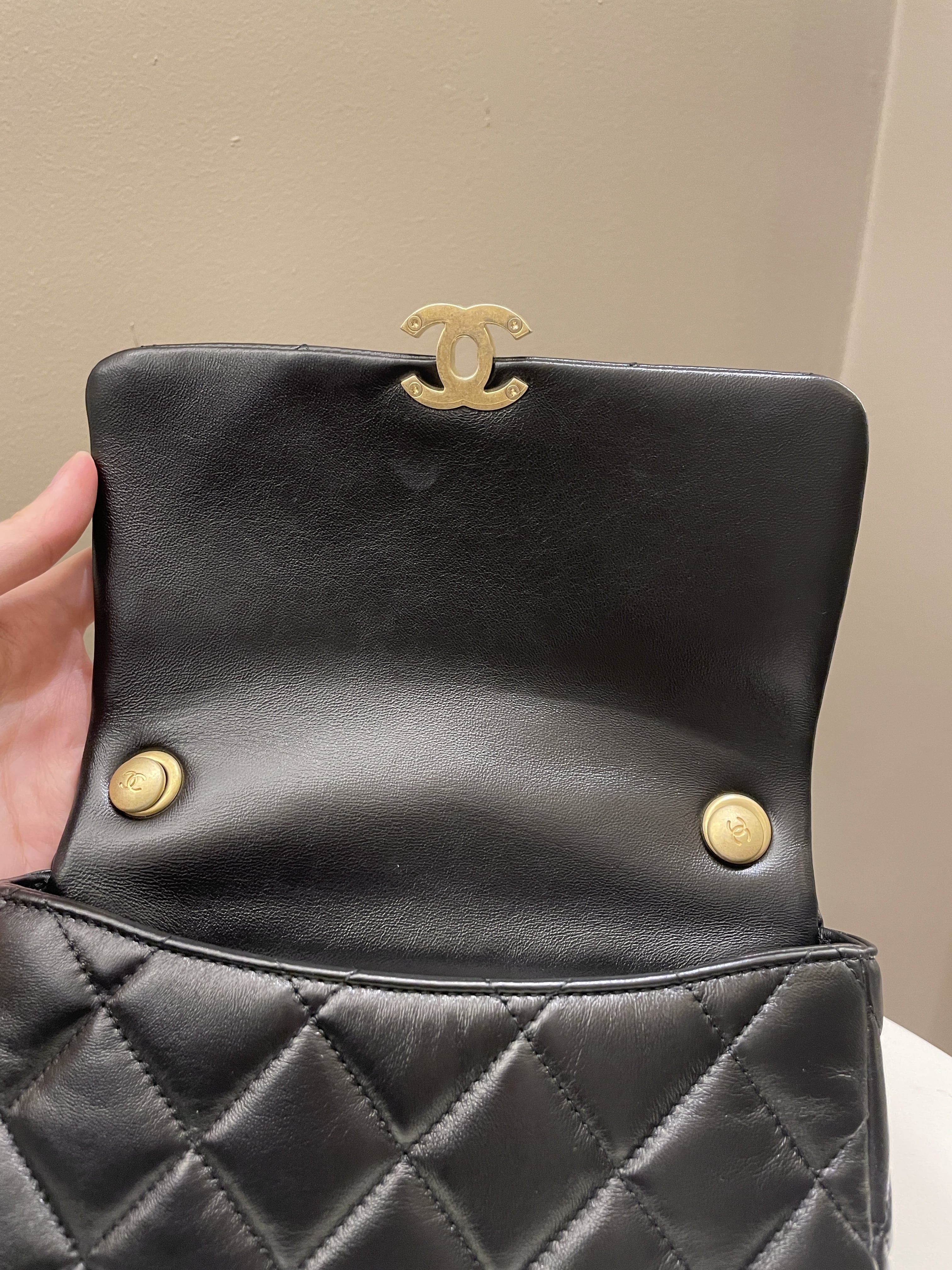 Chanel 22S Quilted Lacquered Chain Flap Bag Black Lambskin