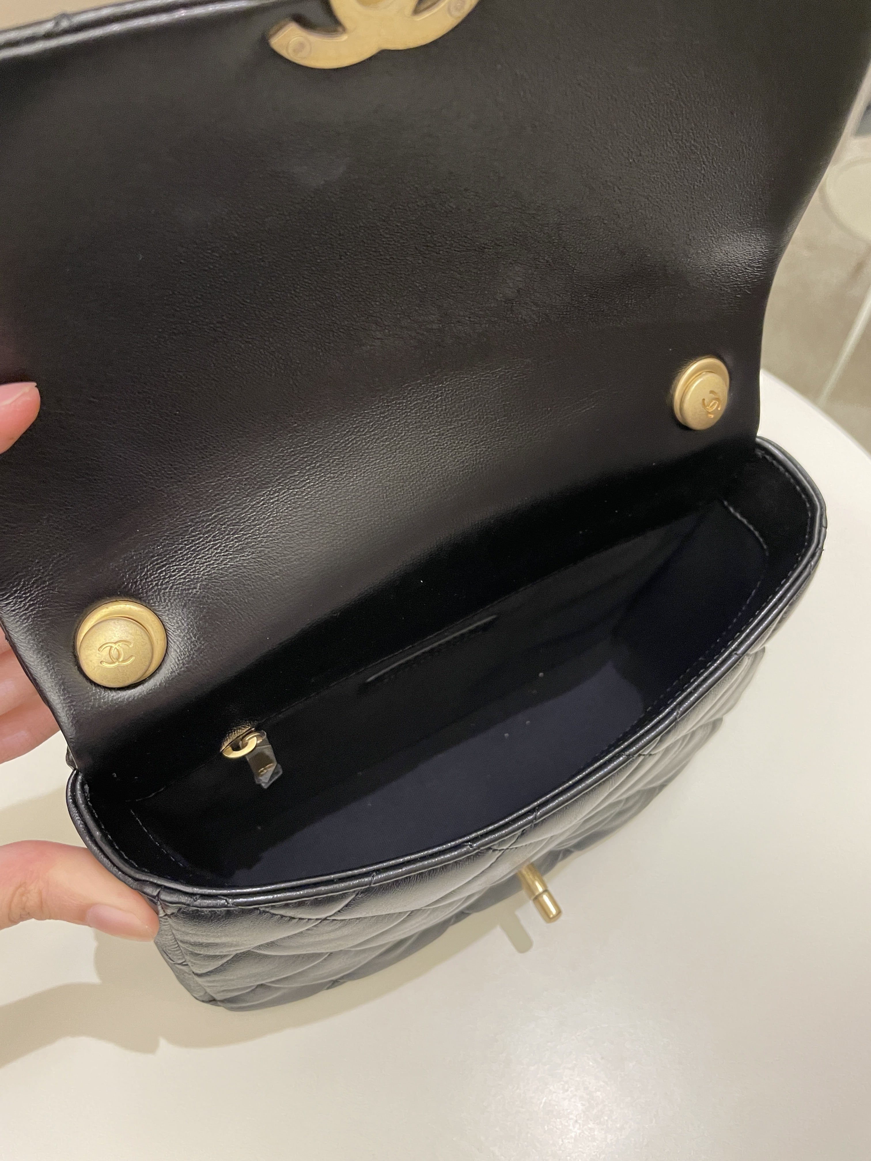 Chanel 22S Quilted Lacquered Chain Flap Bag Black Lambskin