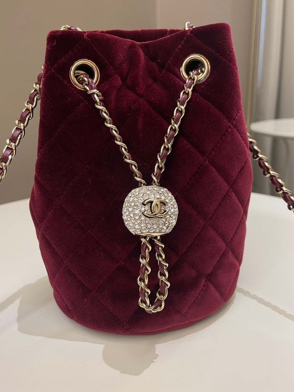 Chanel DiamantÃƒÆ’Ã‚Â© Strass Drawstring Bag Dark Wine Velvet
