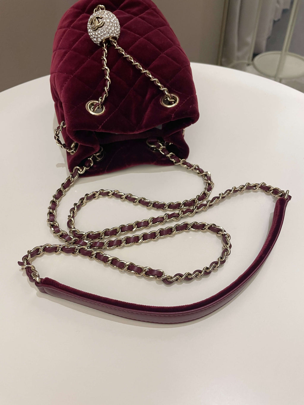 Chanel DiamantÃƒÆ’Ã‚Â© Strass Drawstring Bag Dark Wine Velvet