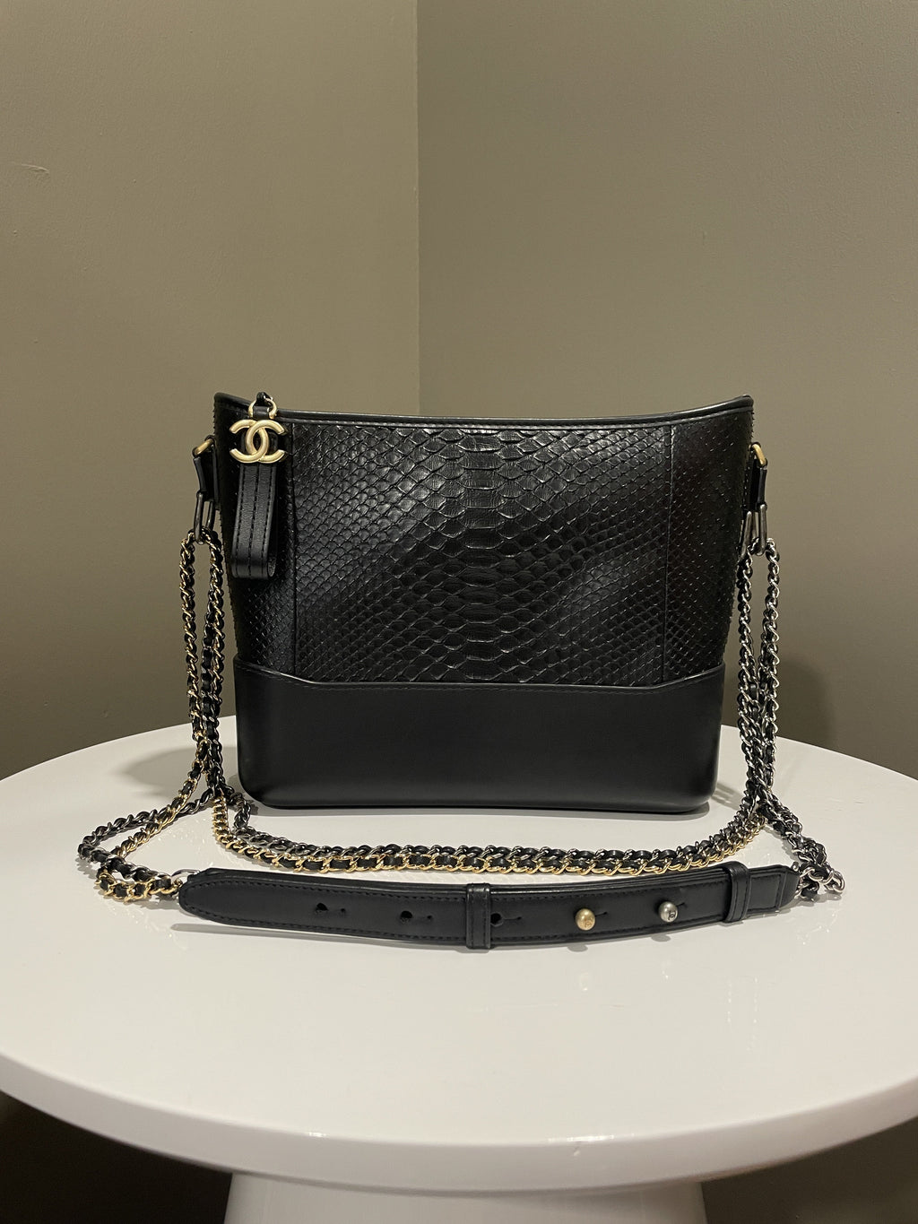 Chanel Quilted Gabrielle Hobo Black Python Calfskin