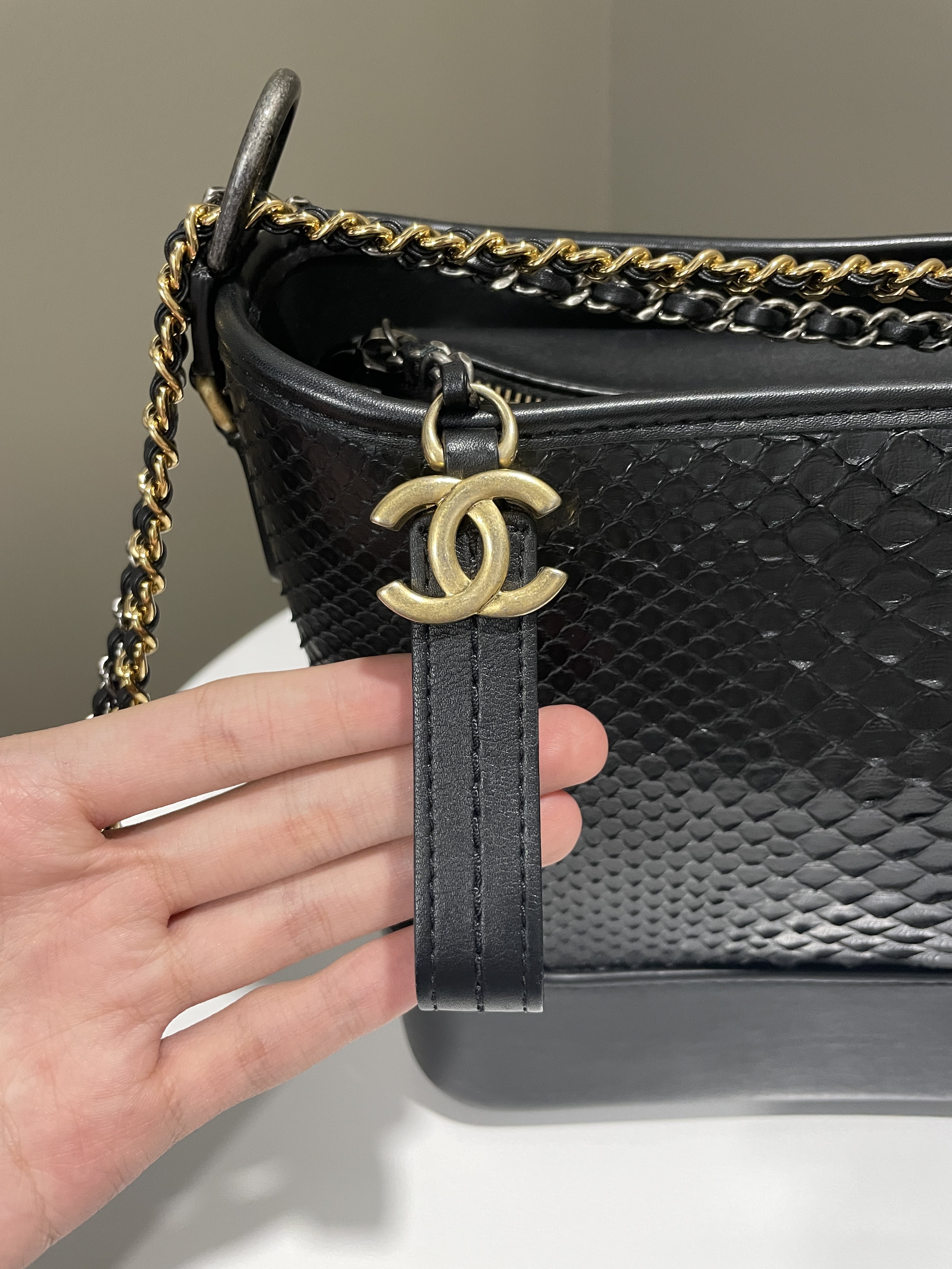 Chanel Quilted Gabrielle Hobo Black Python Calfskin