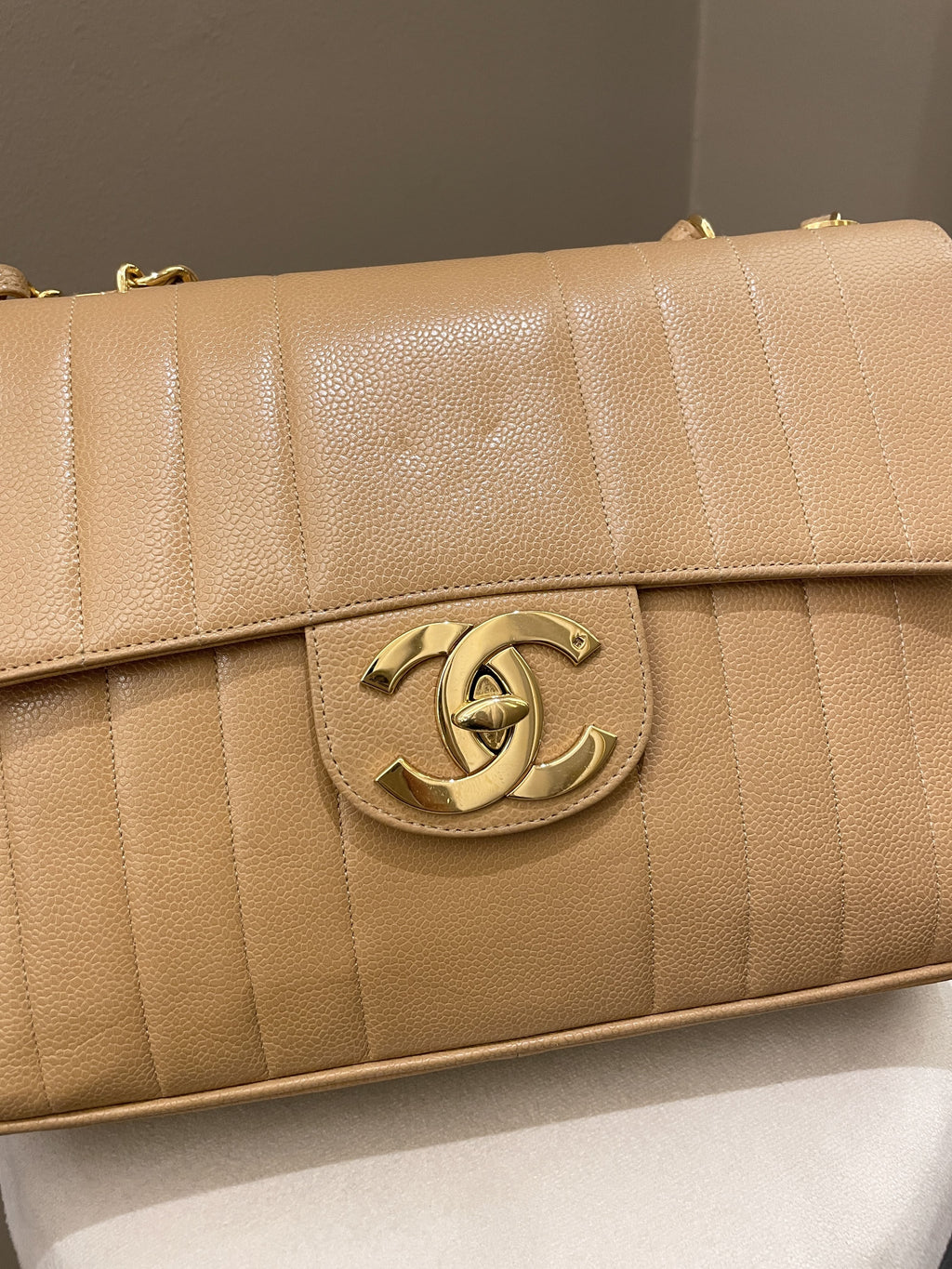 Chanel Vintage Vertical XL Cc Flap Dark Beige Gold Caviar