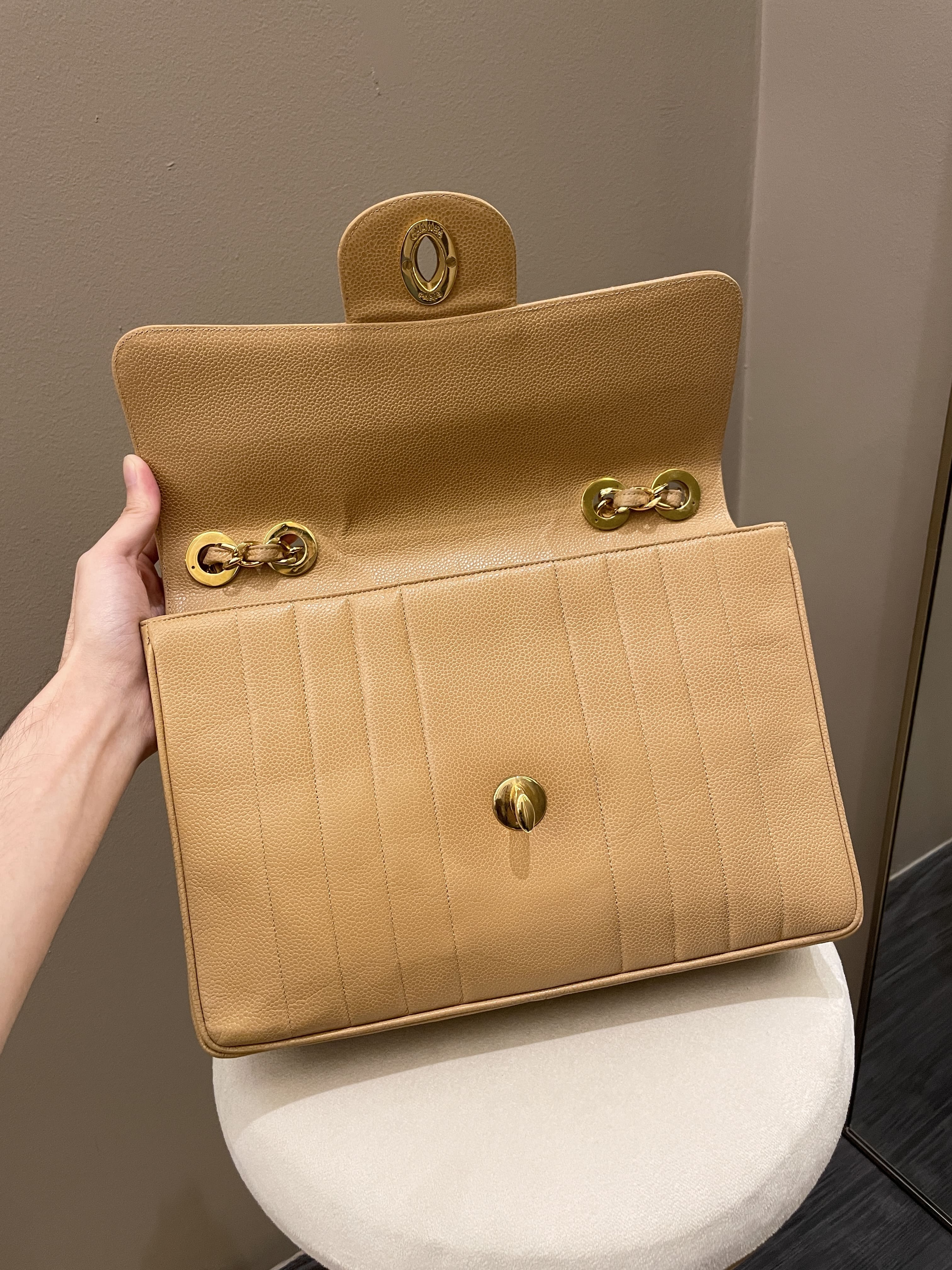 Chanel Vintage Vertical XL Cc Flap Dark Beige Gold Caviar