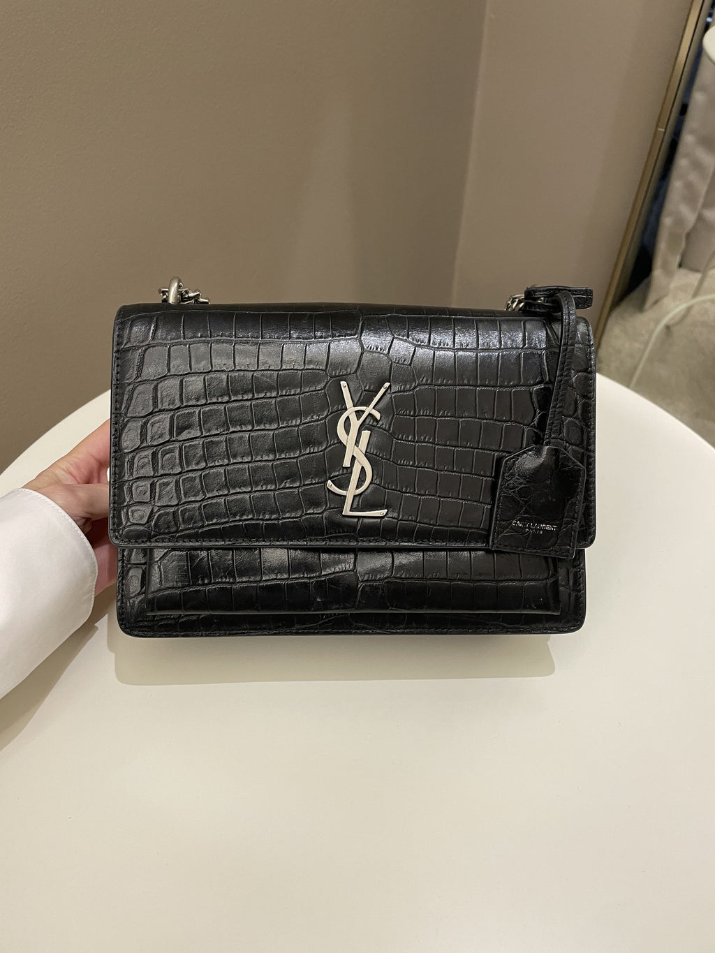 Saint Laurent Sunset Bag Black Embossed Crocs