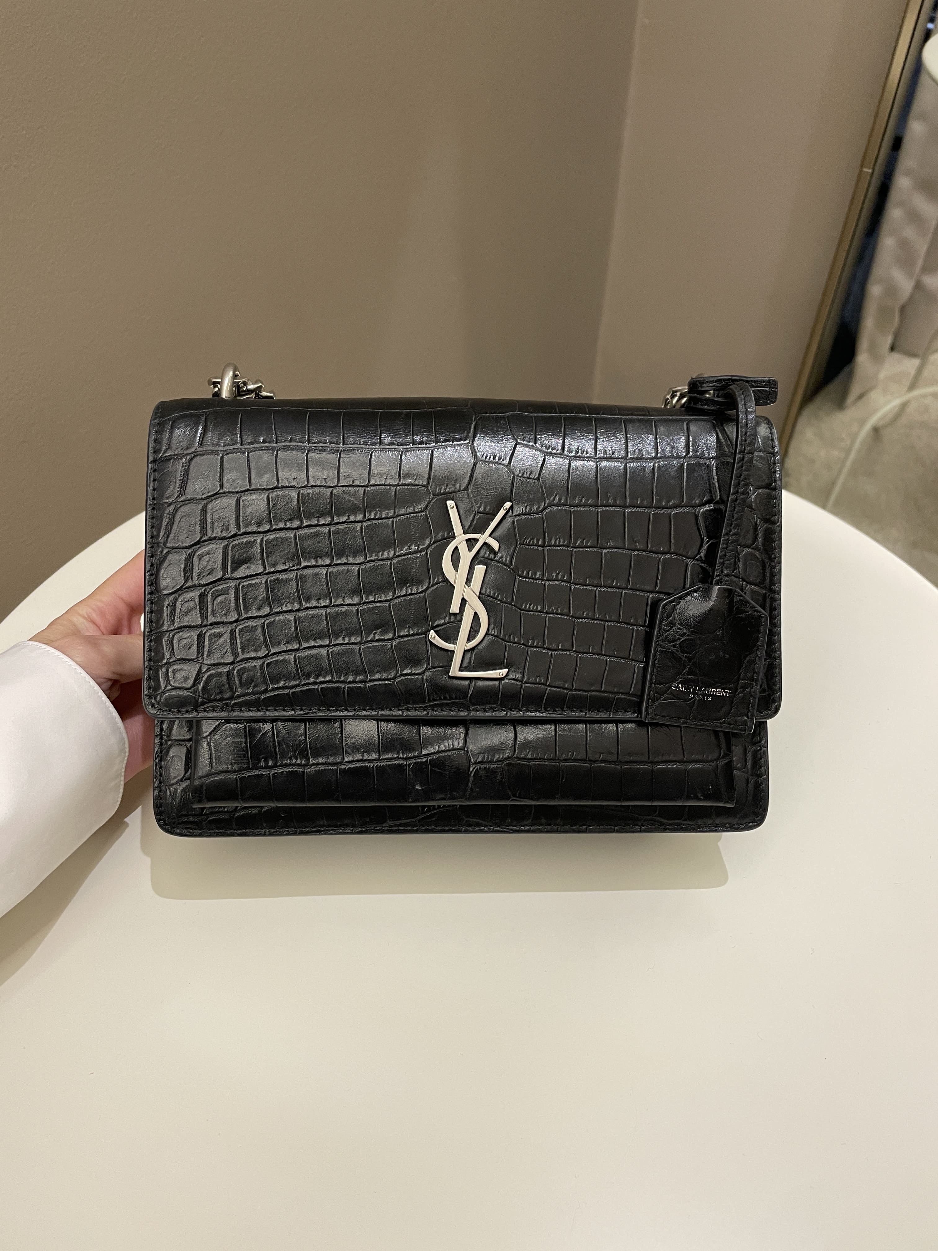 Saint Laurent Sunset Bag Black Embossed Crocs