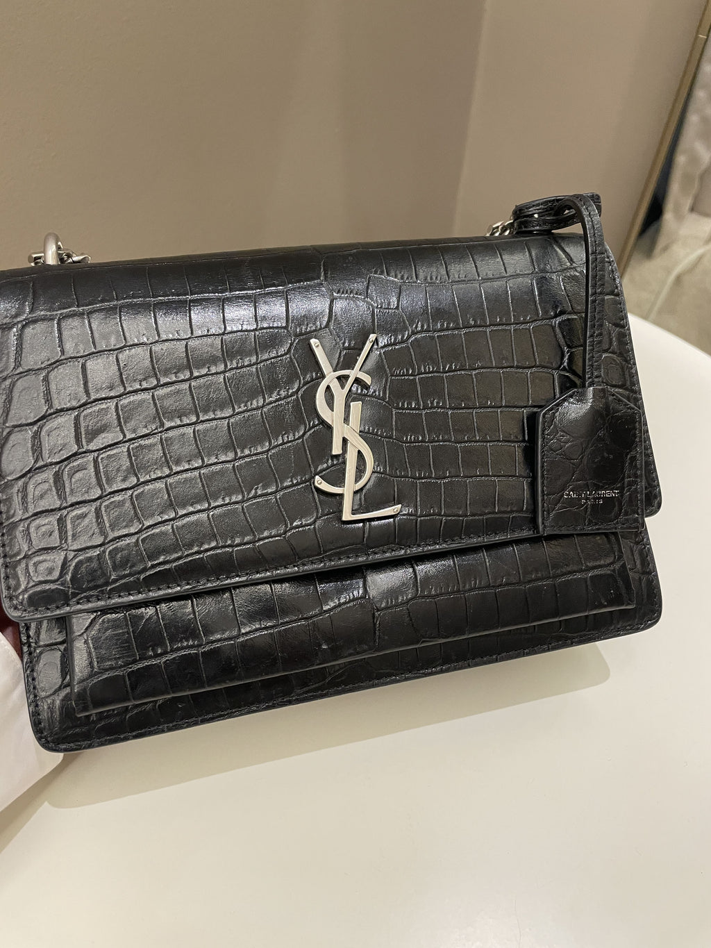 Saint Laurent Sunset Bag Black Embossed Crocs