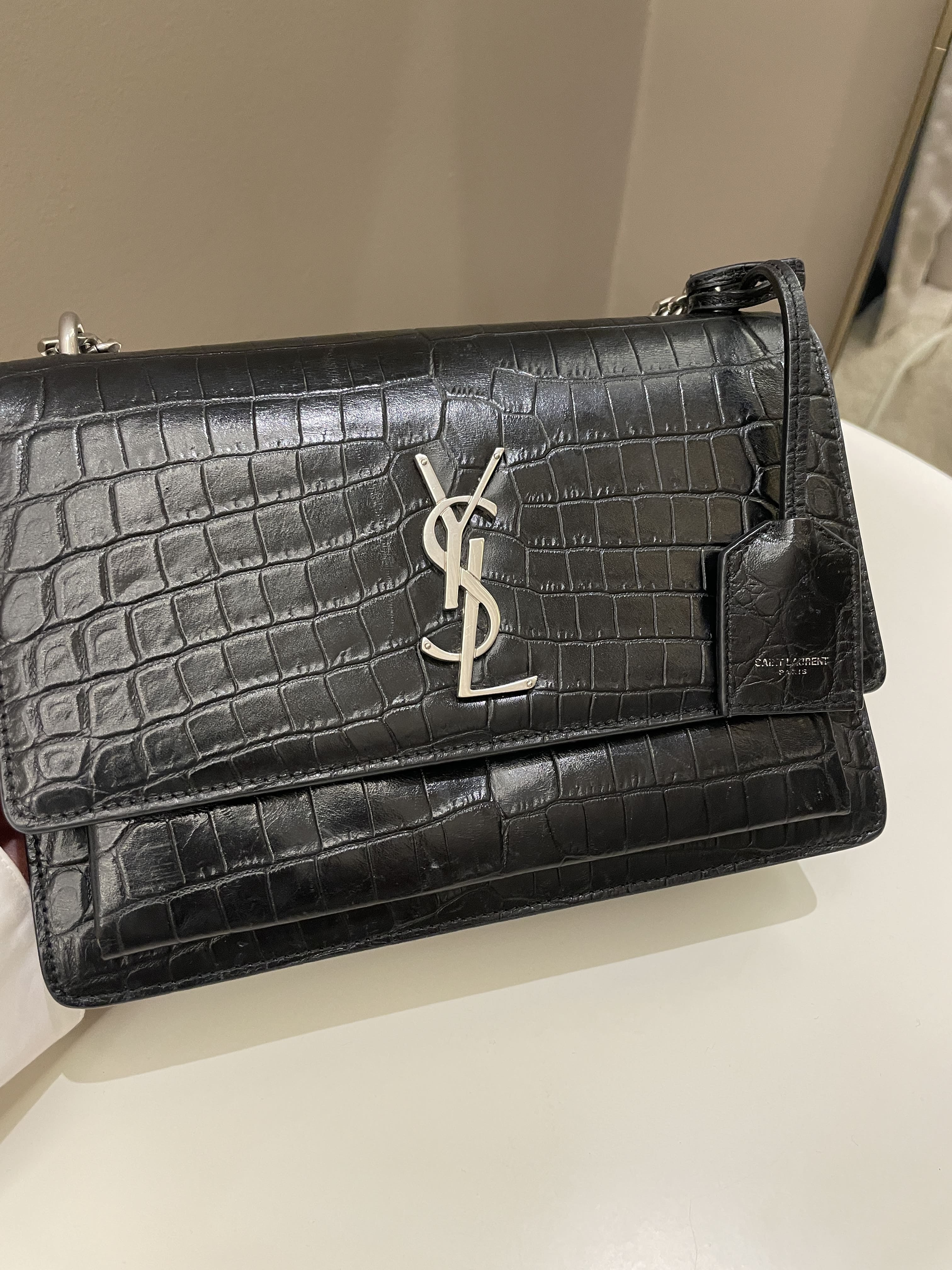 Saint Laurent Sunset Bag Black Embossed Crocs