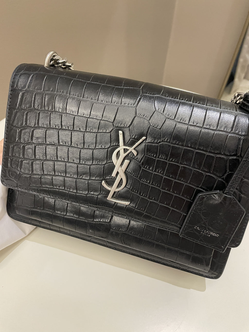 Saint Laurent Sunset Bag Black Embossed Crocs