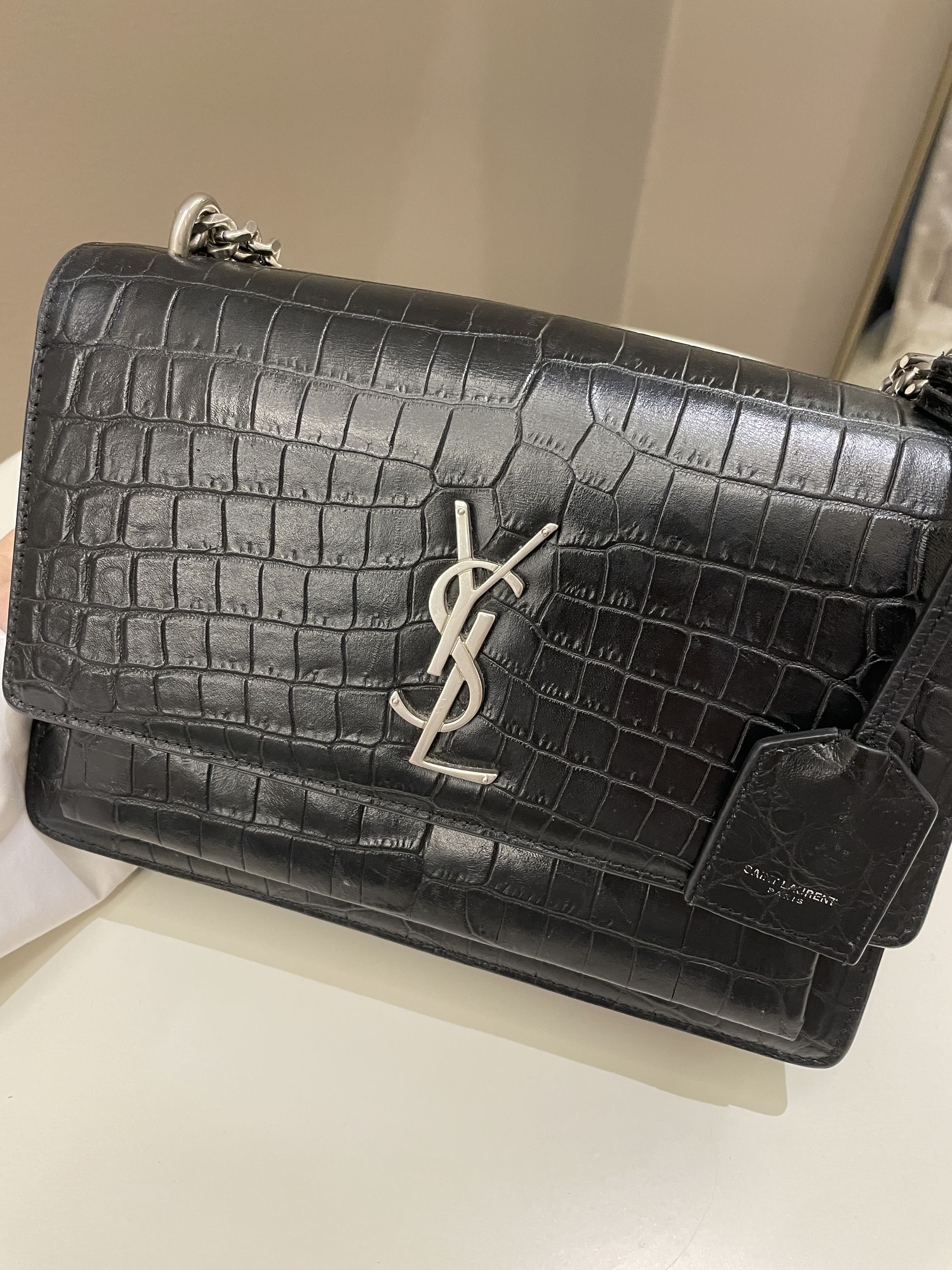 Saint Laurent Sunset Bag Black Embossed Crocs